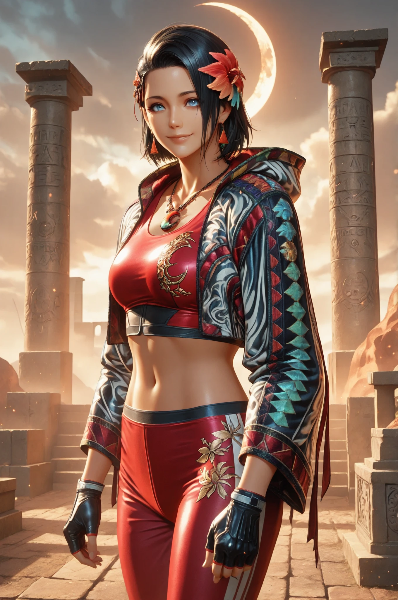 T8Azucena, 1girl, solo, black hair, short hair, blue eyes, hair ornament, eyesHD, high gradient eyes, detailed eyes, high definition eyes, jacket, red triangle earrings, black gloves, midriff, hair flower, fingerless gloves, necklace, a necklace with a multicolored crescent moon decoration, open jacket, red crop top, floral print, cropped jacket, hooded jacket, multicolored jacket, red pants, track pants, print jacket, red sneakers, upper body view, detailed portrait, the girl is very beautiful, the girl has an incredibly beautiful face, detailed skin image. The girl looking directly at the viewer. The girl is smiling sweetly. The girl is standing in front of an ancient Mayan ruin. It is a ruined temple made of stone. In the foreground, you can see engraved patterns on the stone surface, which add an air of antiquity and mystery. In the background, there are massive stone walls and towers that have been partially destroyed by time. The sky is clear with light clouds, and the weather is sunny. Proper lighting, proper shadows, extremely detailed CG unity 8k wallpaper, perfect lighting, colorful, ultra-high resolution, detailed background, masterpiece, best quality, vibrant, very aesthetic, high contrast, semrealistic, newest