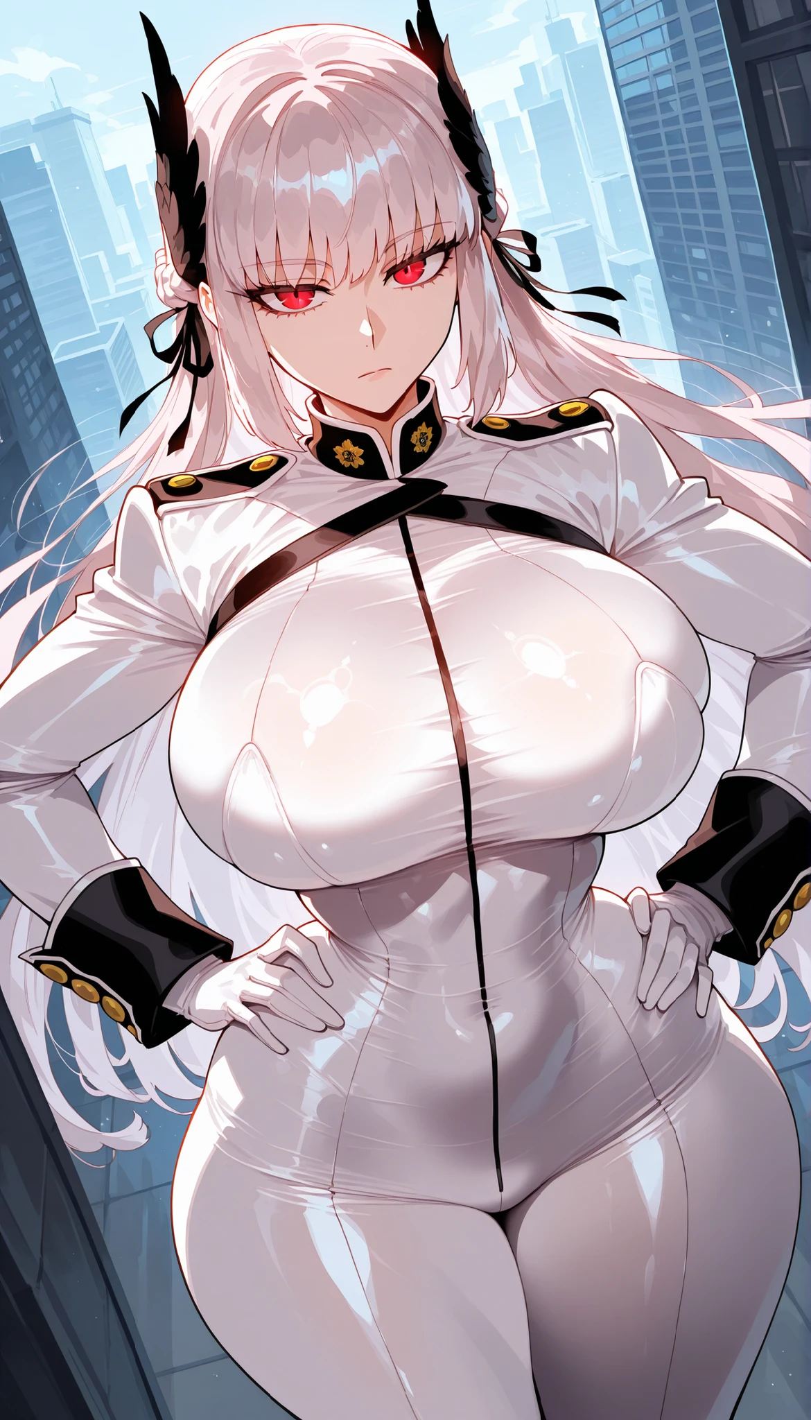 Masterpiece, anime girl, 2D, highres, top-quality, ultra-definition, perfect anatomically, ultra details, correct , sharp focus, 4K, 8K, cinematic shadows, perfect light, perfect details, 1girl, solo, Florence Nightingale(Fate Grand Order), beautiful face girl, bright skin, red eyes, eyes detailed, eyelashes, white hair, bangs, long hair(jellyfish hairstyle), winged hair accessory,  body figure, beautifully shaped , :1.7, thick , curvy, tall:1.4, thick , thick thighs, white , long sleeves, white tights, white gloves, emotionless, bostaff user, left hand on hip, indoor, city, dynamic pose, Dutch angle, close up, cowboy shot, standing, looking at viewer, safe for work, eyesHD, gradient eyes detailed, Sinderellaart Art Style:0.8, Mixed Art Style:0.5