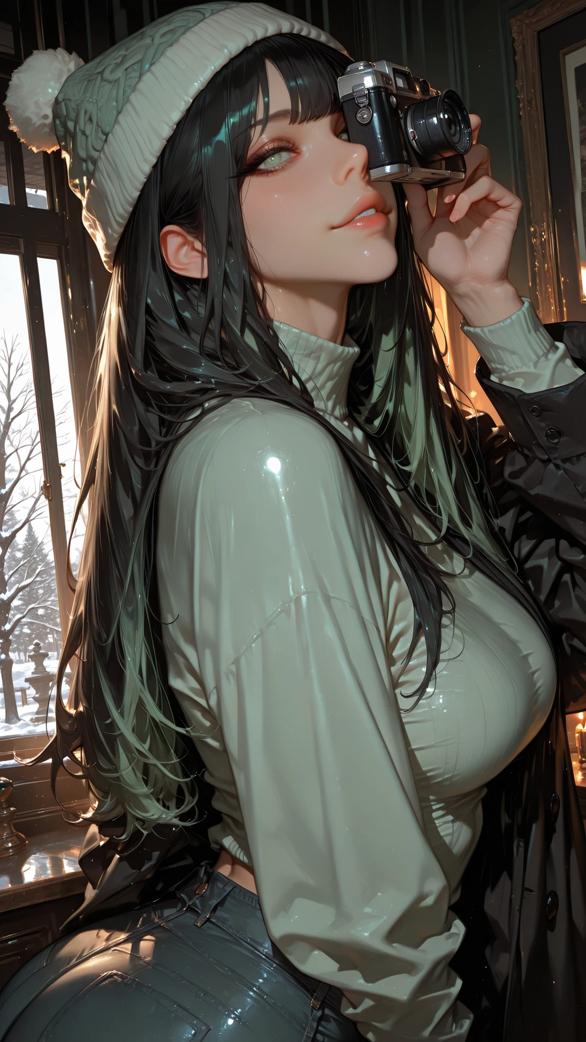 score_9, score_8_up, score_7_up, Cinematic Lighting, Volumetric Lighting, Bloom, Post Processing, Perfect Anatomy, Exterminously Highly Detailed Eyes and Face, Perfect Eyes. Intricate details, new, newest, 8K
1 girl, ((Solo,))
Black hair, long hair, bangs, light green eyes, slicked back bangs, thin eyebrows, lips, nose, big eyes, cute face.
Slim figure, narrow waist, wide hips, medium breasts, perfect round butt,
-- clothing -- Black coat over shoulders, thin green sweater, jeans, warm knitted hat, fully dressed.
BREAK
A girl photographer holds a vintage camera, takes a photo, leaning forward.((camera covering face)) She exhales, a sweet, modest smile, a kameza covering half her face. Camera at eye level.
Early winter landscape, first snow, a tree without leaves. Marble statue, park, snow, rays of light, lens flare.
Close-up, Focus on the torso, cinematic composition, ,dynamic lighting, warm lighting, dreamy lighting, realistic volumetric lighting (realistic style photo) (realistic: 1.2)