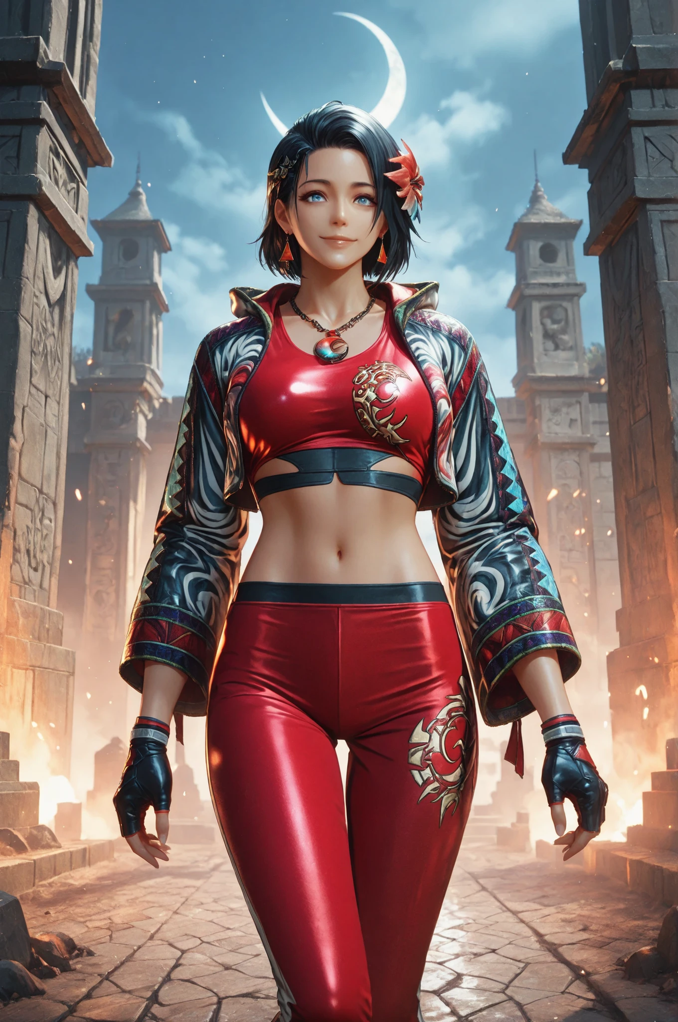 T8Azucena, 1girl, solo, black hair, short hair, blue eyes, hair ornament, eyesHD, high gradient eyes, detailed eyes, high definition eyes, jacket, red triangle earrings, black gloves, midriff, hair flower, fingerless gloves, necklace, a necklace with a multicolored crescent moon decoration, open jacket, red crop top, floral print, cropped jacket, hooded jacket, multicolored jacket, red pants, track pants, print jacket, red sneakers, upper body view, dutch angle the girl is very beautiful, the girl has an incredibly beautiful face, detailed skin image. The girl looking directly at the viewer. The girl is smiling sweetly. The girl is standing in front of an ancient Mayan ruin. It is a ruined temple made of stone. In the foreground, you can see engraved patterns on the stone surface, which add an air of antiquity and mystery. In the background, there are massive stone walls and towers that have been partially destroyed by time. The sky is clear with light clouds, and the weather is sunny. Proper lighting, proper shadows, extremely detailed CG unity 8k wallpaper, perfect lighting, colorful, ultra-high resolution, detailed background, masterpiece, best quality, vibrant, very aesthetic, high contrast, semrealistic, newest