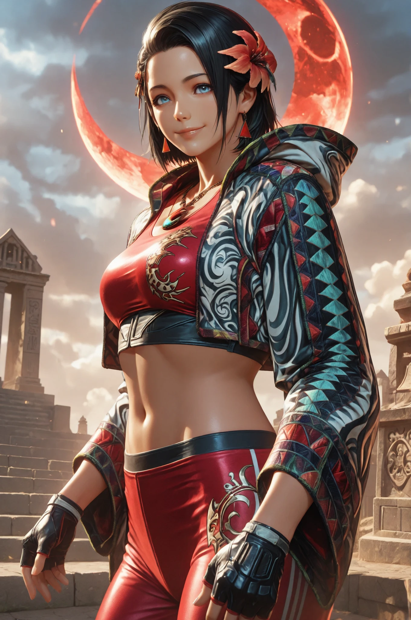 T8Azucena, 1girl, solo, black hair, short hair, blue eyes, hair ornament, eyesHD, high gradient eyes, detailed eyes, high definition eyes, jacket, red triangle earrings, black gloves, midriff, hair flower, fingerless gloves, necklace, a necklace with a multicolored crescent moon decoration, open jacket, red crop top, floral print, cropped jacket, hooded jacket, multicolored jacket, red pants, track pants, print jacket, red sneakers, upper body view, dutch angle the girl is very beautiful, the girl has an incredibly beautiful face, detailed skin image. The girl looking directly at the viewer. The girl is smiling sweetly. The girl is standing in front of an ancient Mayan ruin. It is a ruined temple made of stone. In the foreground, you can see engraved patterns on the stone surface, which add an air of antiquity and mystery. In the background, there are massive stone walls and towers that have been partially destroyed by time. The sky is clear with light clouds, and the weather is sunny. Proper lighting, proper shadows, extremely detailed CG unity 8k wallpaper, perfect lighting, colorful, ultra-high resolution, detailed background, masterpiece, best quality, vibrant, very aesthetic, high contrast, semrealistic, newest