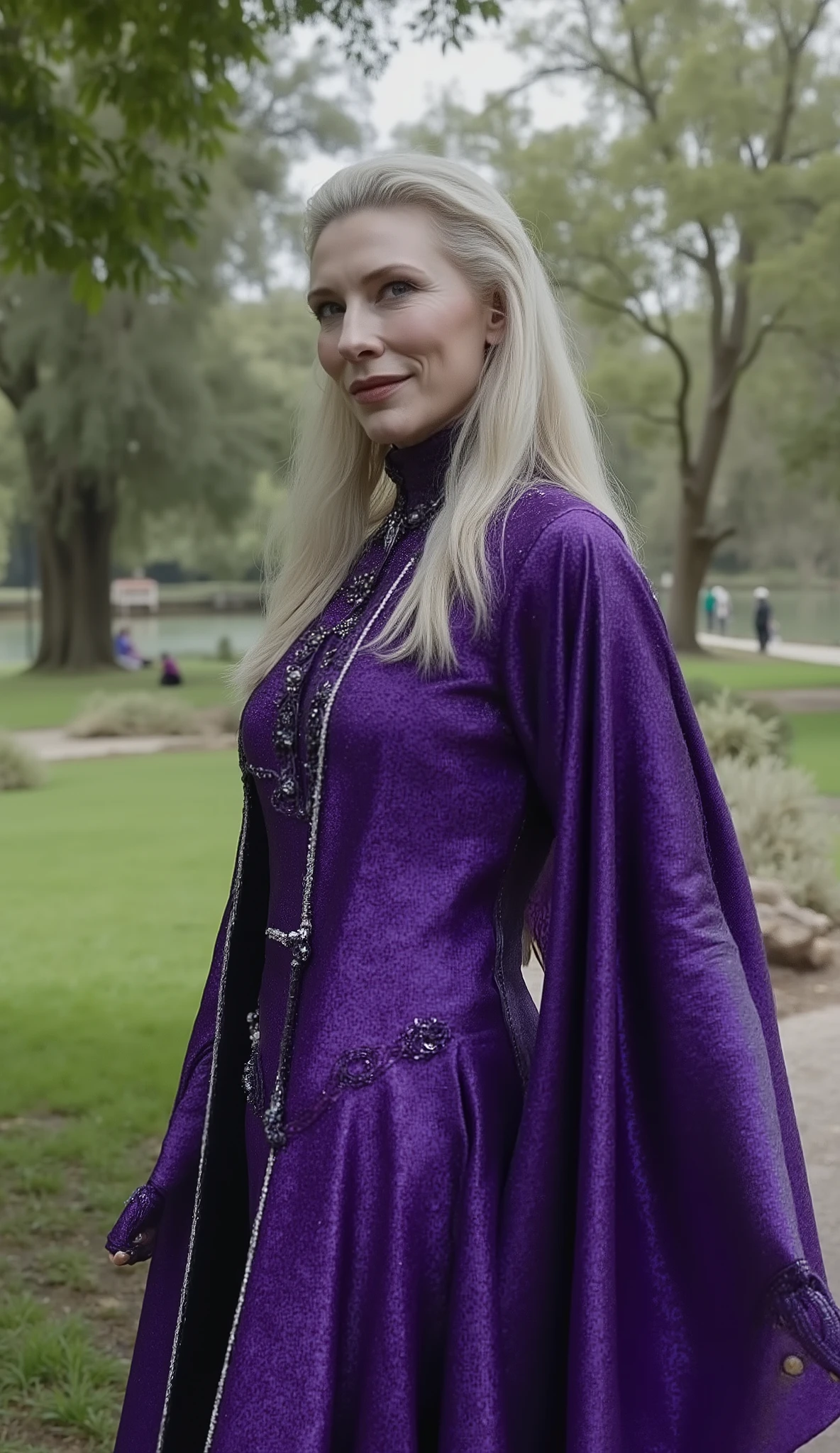 Make Cate Blanchett like Sindel from Mortal Kombat super realistic dressed in purple with details in silver, cabelo prata/Gray in a park with an upper body of a house and a tree with a lake and people super realistic in 8k