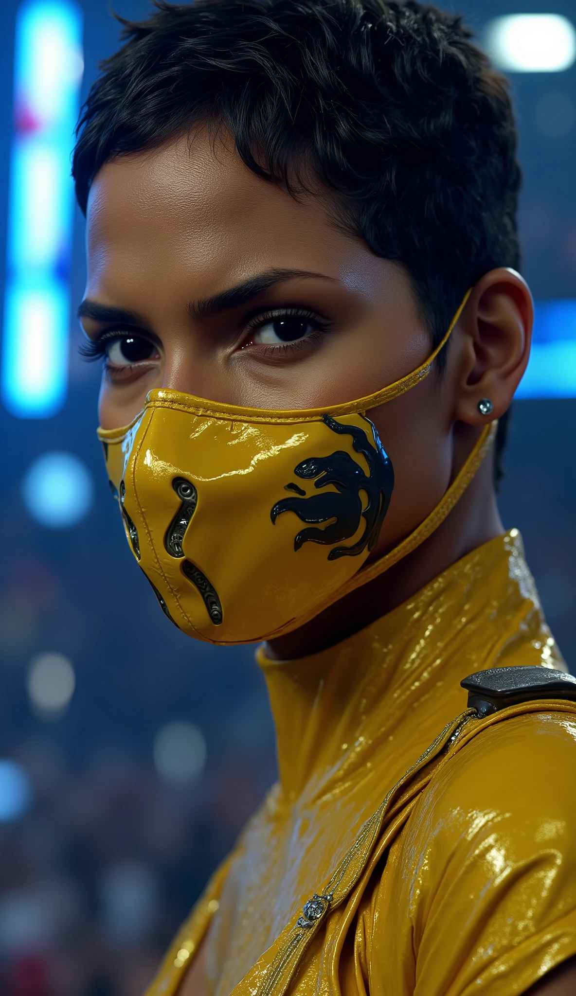 Close up Make Halle Berry hyperrealistic dressed as Tanya from Mortal Kombat with her yellow metallic mask with some black details. details cover only her mouth set in an epic fighting arena with floodlights and blue neon screens in 8K with people applauding in cinematic neon lights in 8K


