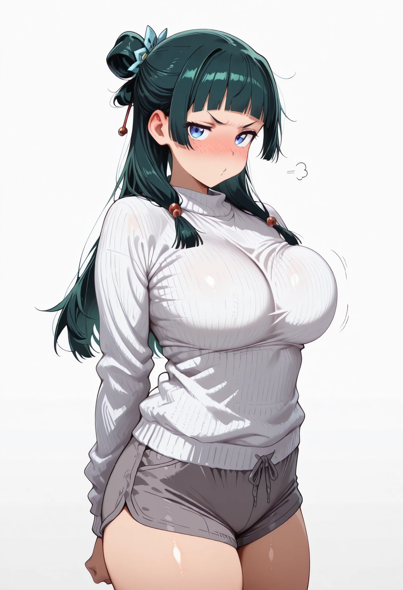 score_9, score_8_up, score_7_up, score_6_up, score_5_up, score_4_up, masterpiece, high quality, BREAK, 1girl,, rounded breasts, thick breasts, sfw, looking at viewer, nose blush, shiny legs, shiny body, shiny hair, clear skin, clear body,, large breasts, white background, simple background, thick thigh, thick thighs, standing, nice legs, solo, maomao, long hair, bangs, blue eyes, hair ornament, green hair, blunt bangs, freckles, hair bun, single hair bun, large breasts, pouting expression,,, COWBOY SHOT , LARGER BREASTS, hands behind on her, white background, empty background, white sweater, grey shorts, shoulder cutouts