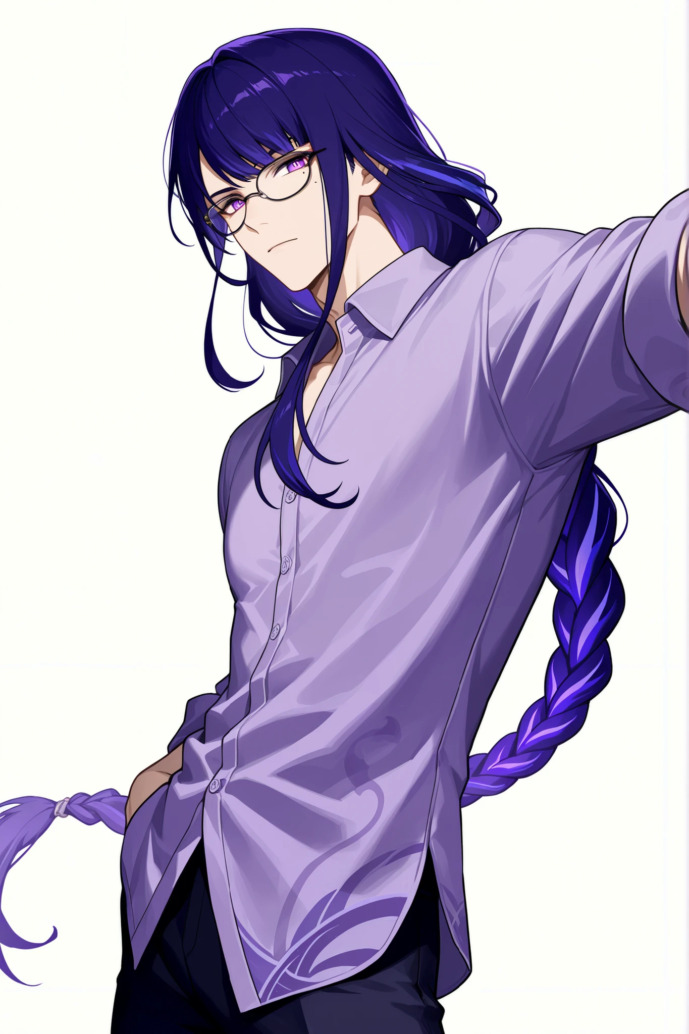 ((Masterpiece, absurdres, topquality) 1boy, solo, standing, raiden shogun, braid, braided ponytail, long hair, mole, mole under eye, purple eyes, purple hair, single braid, sidelocks, boy version, looking at viewer, white background, purple shirt, light stubble, black rimmed eyeglasses, dynamic pose