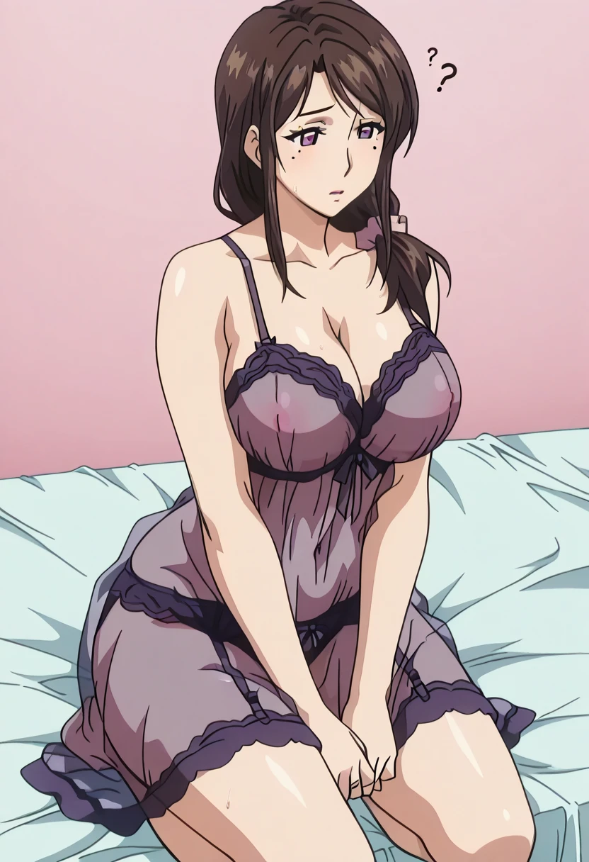 1girl, matured female, sitting on bed,sitting , shy, blushing, very ???????????, perfect eyes shape, beautiful eyes, beautiful face, high details , looking at viewer, , high quality, illustration, perfect ???????, skilled artist, fully detailed background, ((masterpiece)),,(masterpiece, 8k, best quality), photorealistic, cinematic,brown hair,purple negligee,purple negligee only,sleepwear,(((from top))),after ???,shy expression,transparent clothes,exposed body,,hard pupils, downblouse,full body shot,hotel  room,warm lighting