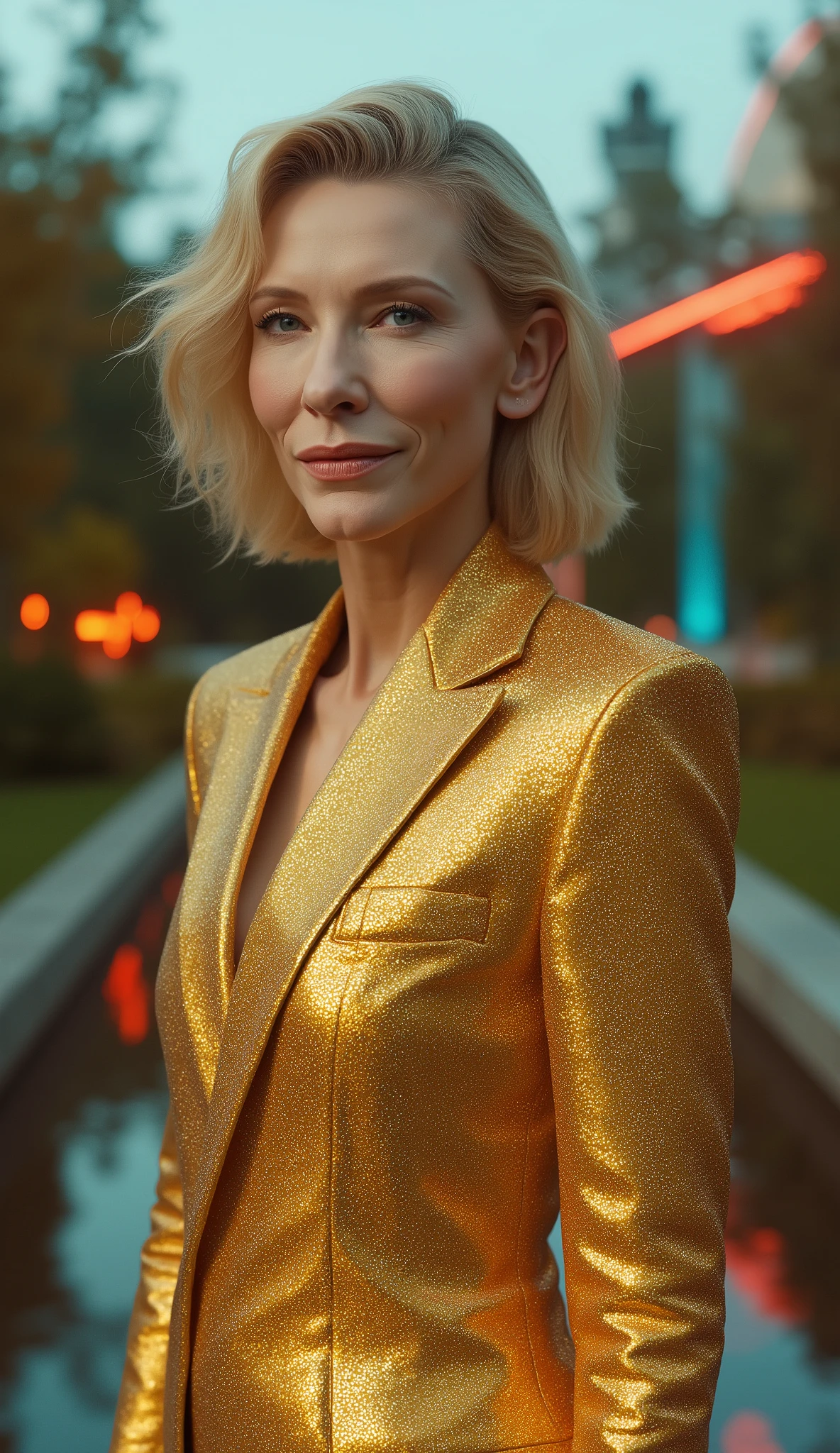 Close up do Cate Blanchett wearing shiny gold suit in high quality in a park with an upper body of a house and a tree with a lake and cool neon lights highlighting the super realistic character in 8k
