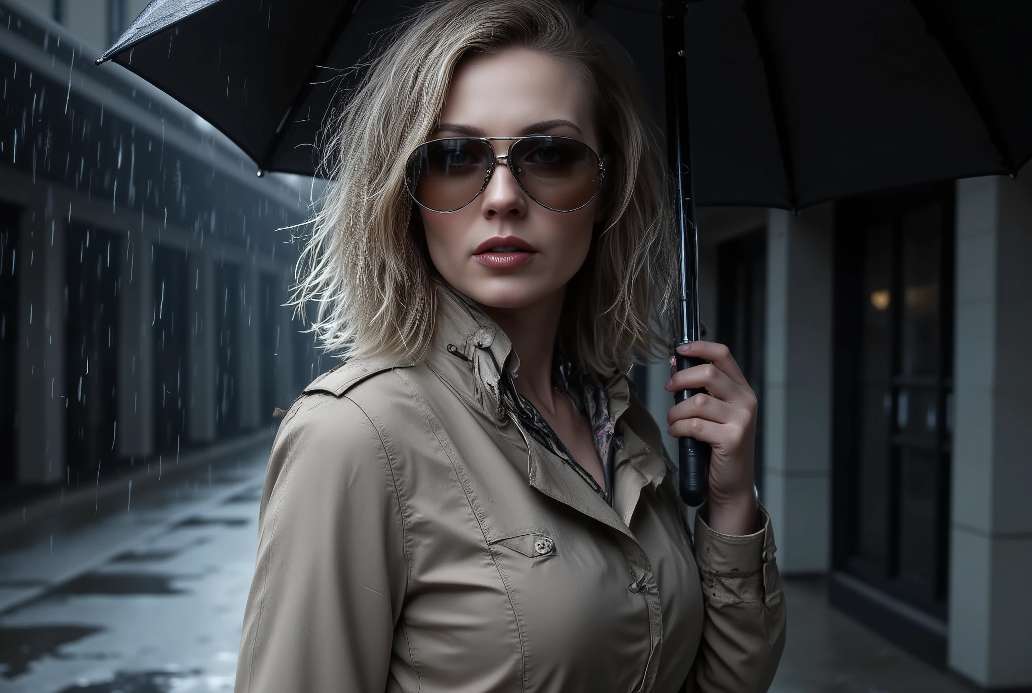 sunglass,A hyperrealistic cinematic portrait of a mysterious woman standing in the rain at night in an urban setting. The atmosphere is dark, melancholic, and suspenseful, inspired by modern noir spy films. The camera captures her in a medium close-up, perfectly framed in 16:9, slightly below eye level, emphasizing power and intrigue.
She wears a light beige trench coat made of waterproof fabric, with a high, raised collar, dark straps, and metal buckles that add a touch of sophistication and strength. Her posture is erect and confident, shoulders squared, exuding calm and authority. She holds a black umbrella above her body, the rain gently cascading around her.
Her platinum-white hair is cut in a sleek bob with straight, soft, perfectly styled bangs, partially covering her forehead. She wears oversized sunglasses with large, slightly amber, transparent lenses, reflecting the dim city lights. Her expression is neutral yet intense—cold, focused, indecipherable—as if she's watching someone from a distance or awaiting a secret meeting in the shadows.
The lighting is cinematic and diffuse—a cool, bluish-white light from the side casts soft shadows on her face and coat, while the dark background transforms into deep blues and blacks. Raindrops shimmer in the light, adding texture and realism. Her skin is pale, smooth, and naturally illuminated; her makeup is subtle, highlighting her soft nude lips and a slight contour around her eyes.
The environment is minimalist and blurred, suggesting an empty, rain-soaked street or building entrance. The camera lens captures the contrast between the damp, dark environment and the light coat, creating a visual balance of tension and elegance.
Ultra-realistic textures, cinematic color grading, shallow depth of field, soft rain particles illuminated by light, sharp lens focus, somber tone, mysterious atmosphere, cool and elegant aesthetic—like a scene from a high-budget spy thriller.
(Cinematic, 16:9 aspect ratio, ultra-realistic, photore