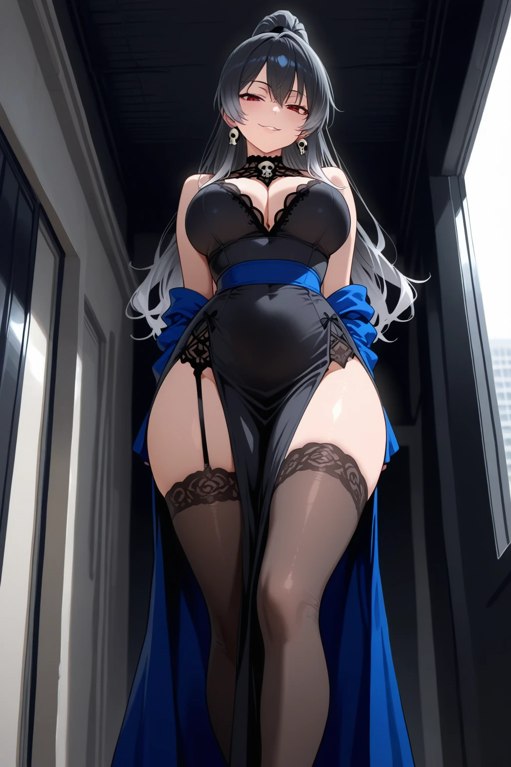 Ultra-realistic 8k CG, beautiful girl with white hair, blue eyes, open mouth, puffy, plump body, corset ??????, fleshy thighs, white floral pattern stockings, high heels, full body, looking at the audience, symmetry, add_detail:1.5