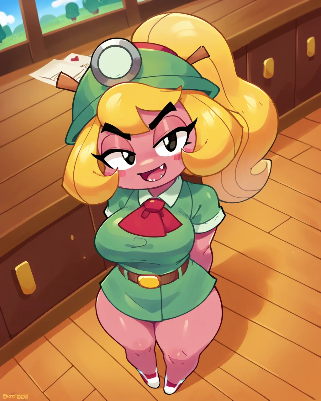 score_9, score_8_up, score_7_up, 1girl, goombella, goombella (\paper mario)\, shortstack, wide hips, thick thighs, standing, hands behind back, head tilt, blonde hair, ponytail, pink skin, fang, calm, light green clothing, BREAK, from above, dynamic angle, detailed background, indoors, <lora:StS_detail_slider_v1:4>, <lora:Goombella_PDXL:1>