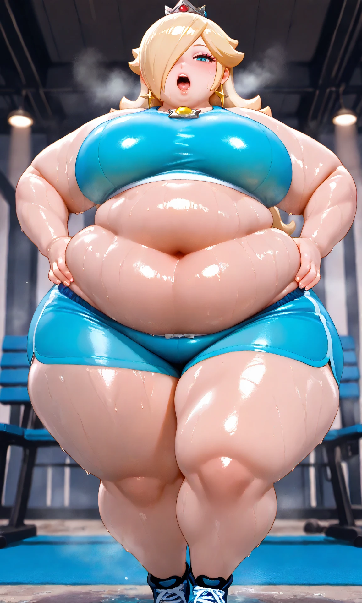 (Realistic) an immensely obese, transparent inflatable woman. The woman is massively overinflates as she is laying on her back in bed, wearing nothing at all.  Her massive spherical belly, , thighs, and  lips are becoming comically engorged and taut. 