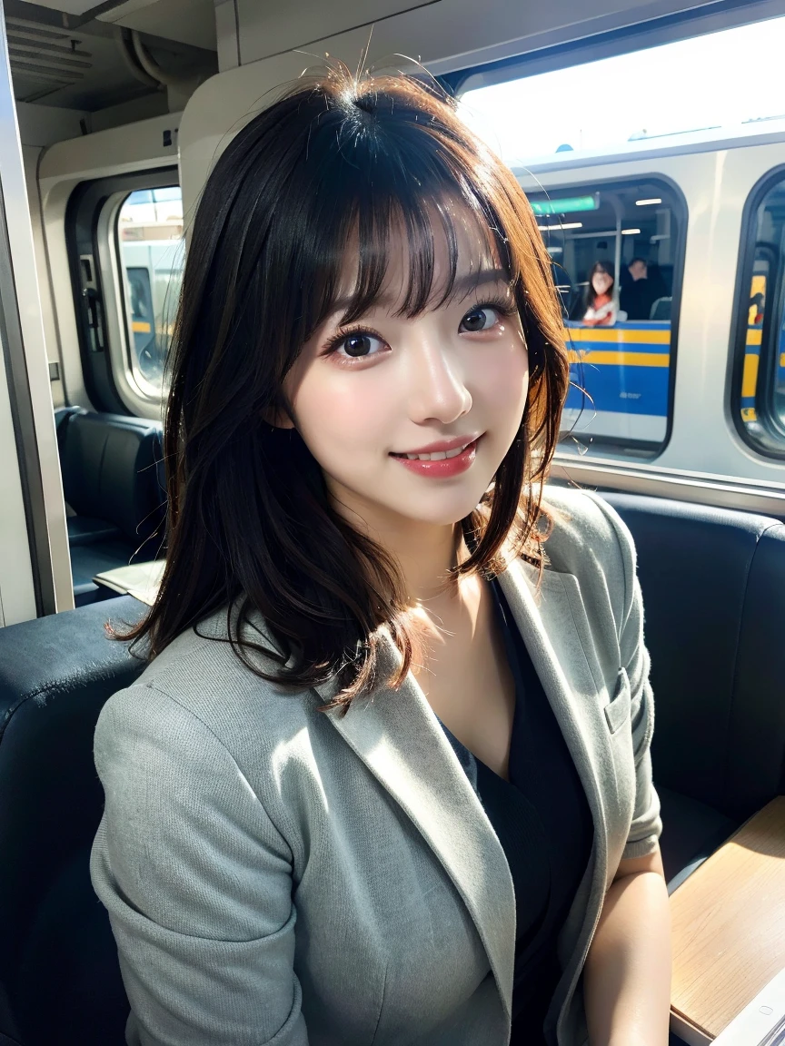 One girl, Mature Woman, E Cup,photograph, Realistic, Highest quality, employment, office,Detailed face, Detailed Background, Diffused sunlight, Depth of written boundary, Bokeh,Bob,smile,front,Ayako Hironaka,Selfie,Upper Body,OL,Returning Home,shirt