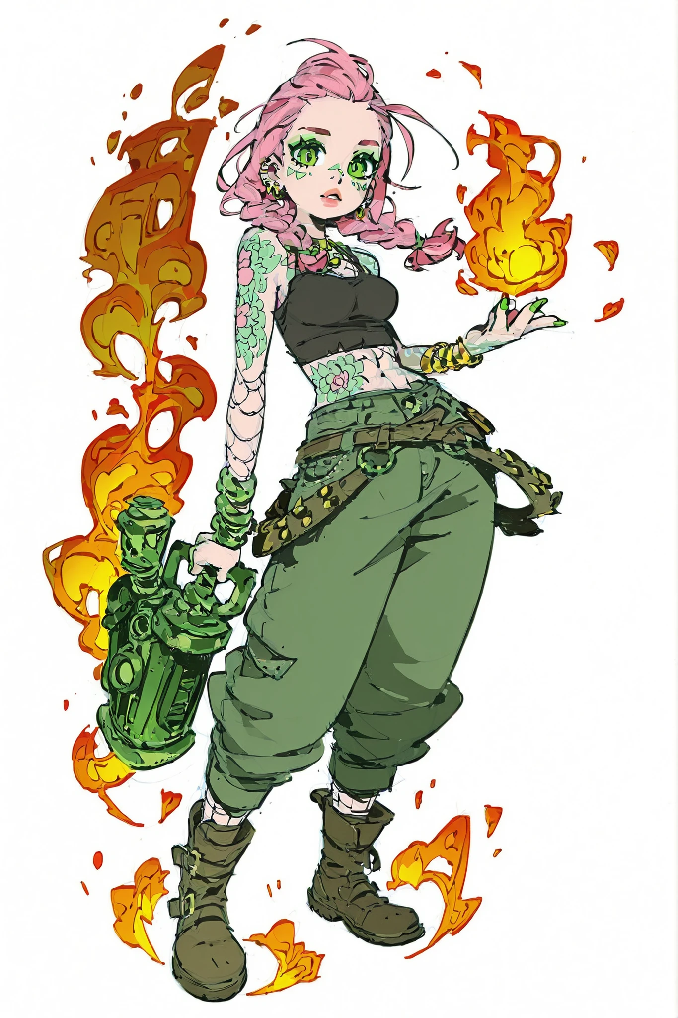 1girl, tattoo, solo, pink_hair, jewelry, full_body, boots, braid, earrings, looking_at_viewer, pants, weapon, fishnets, green_eyes, fire, lips, arm_tattoo, multicolored_hair, breasts, parted_lips, twin_braids, shoulder_tattoo, green_nails, standing, facial_mark, fingernails, hair_pulled_back