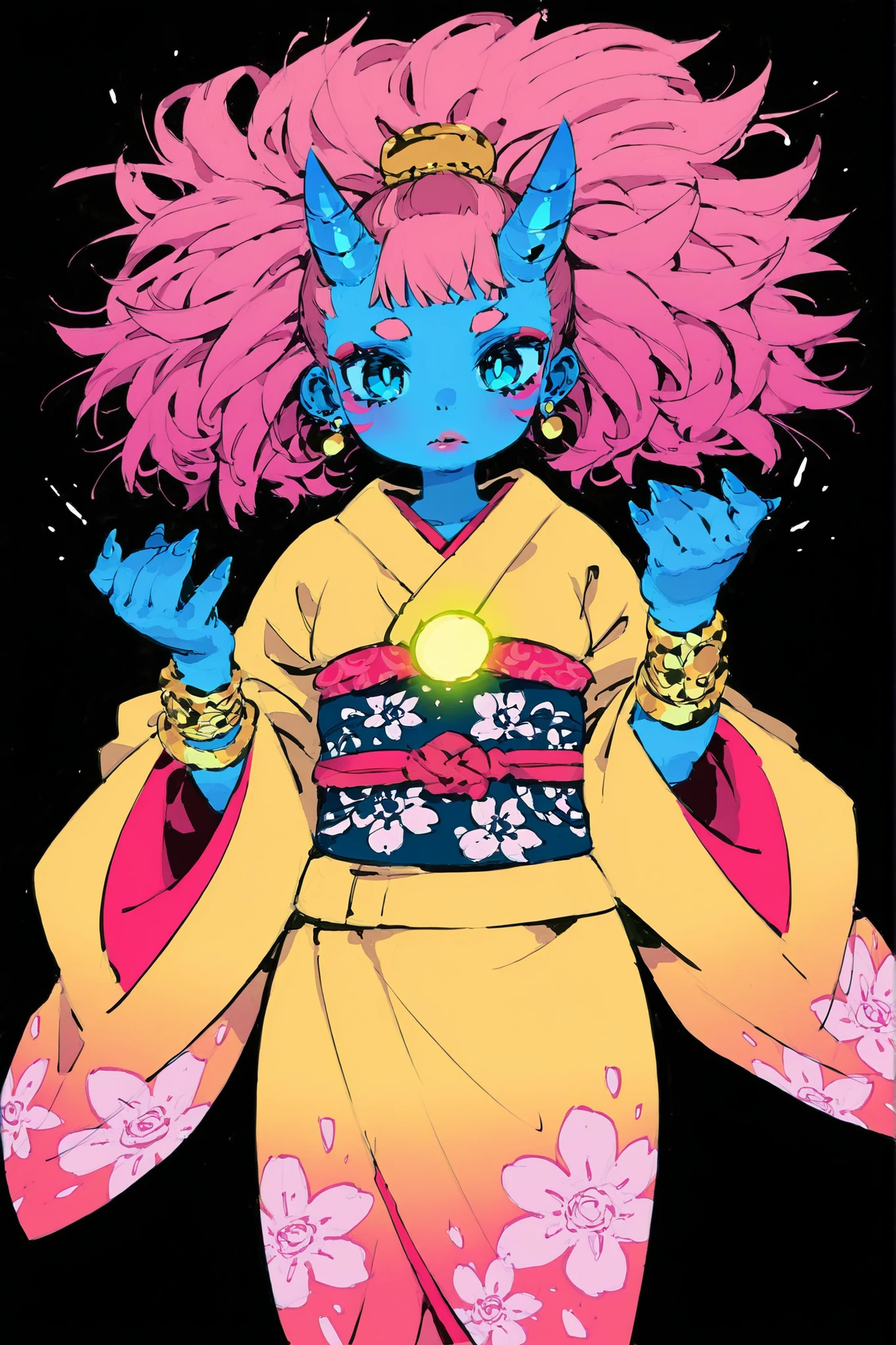 1girl, horns, solo, kimono, japanese_clothes, colored_skin, jewelry, looking_at_viewer, black_background, oni, sash, earrings, fingernails, bracelet, oni_horns, glowing, obi, floral_print, pink_hair, blue_eyes, closed_mouth, facial_mark, simple_background, lips, sharp_fingernails, multicolored_hair, wide_sleeves