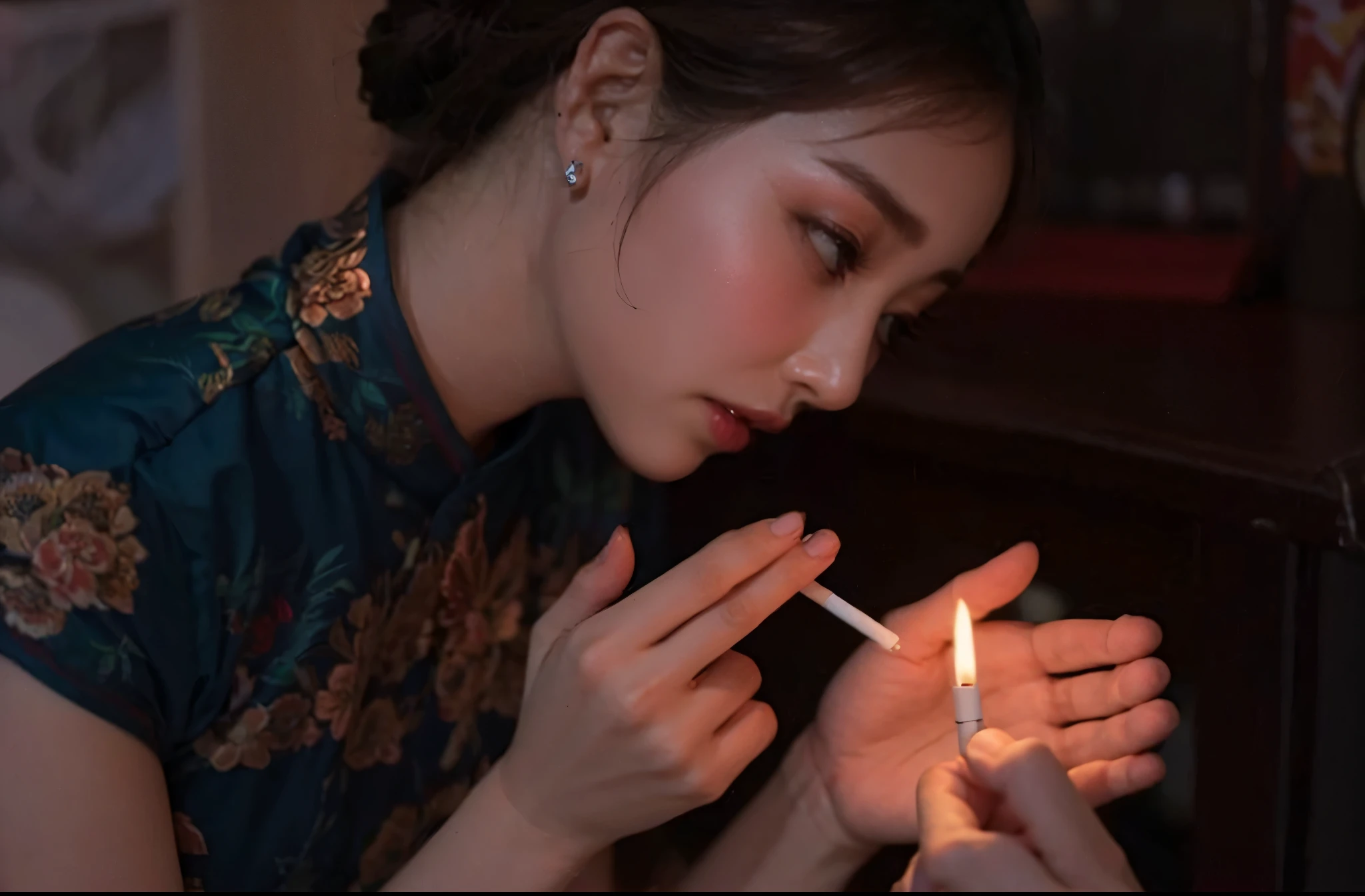 Jihyo from Twice with brown hair and oriental clothing lighting a cigarette