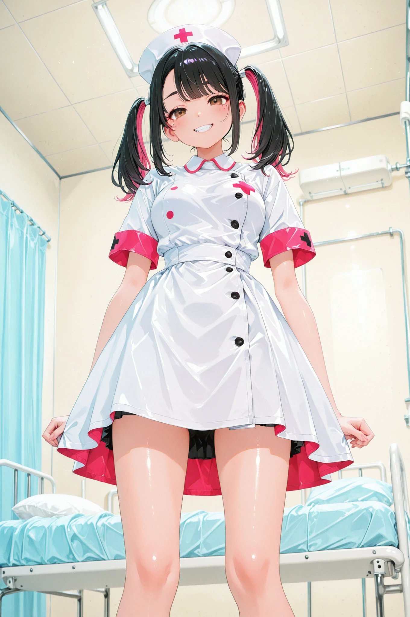 Beautiful girl, womanhood, solo, hospital bed, Scene from the hospital room, standing grinning, showing teeth, ((sexy nurse costume)), 4 fingers, (wave), from below, shiny skin, Highest Quality, Amazing Quality, illustration art, Professional Art, oil painting finish that creates a glossy three-dimensional effect, Minami Yoshikawa black hair with pink inner color hair, twin tails, asymmetrical hair, brown eyes, mole under the eye, slight build,