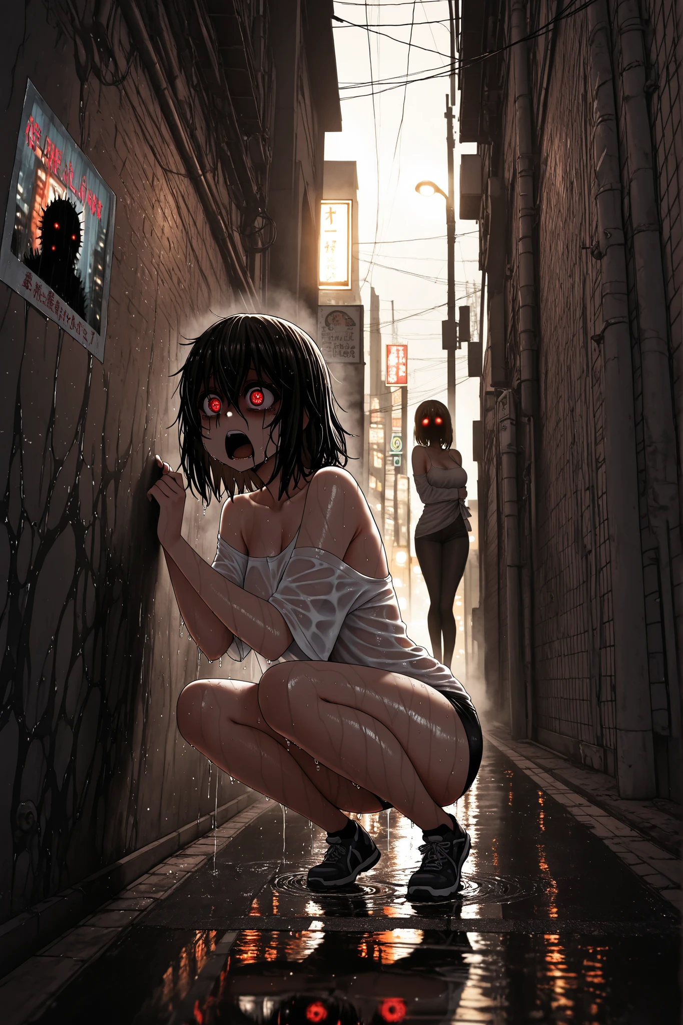 masterpiece, photo, detailed, scared girl, horror in the eyes, slightly open mouth, one thin shirt, Bare shoulders, squatting against a wall, Nighttime, The only light source is a street lamp, saw something in the dark, wet asphalt, reflection of light on a wet surface, city lane, an anxious atmosphere, cinematic shot, cold shades, deep shadows, A tense moment