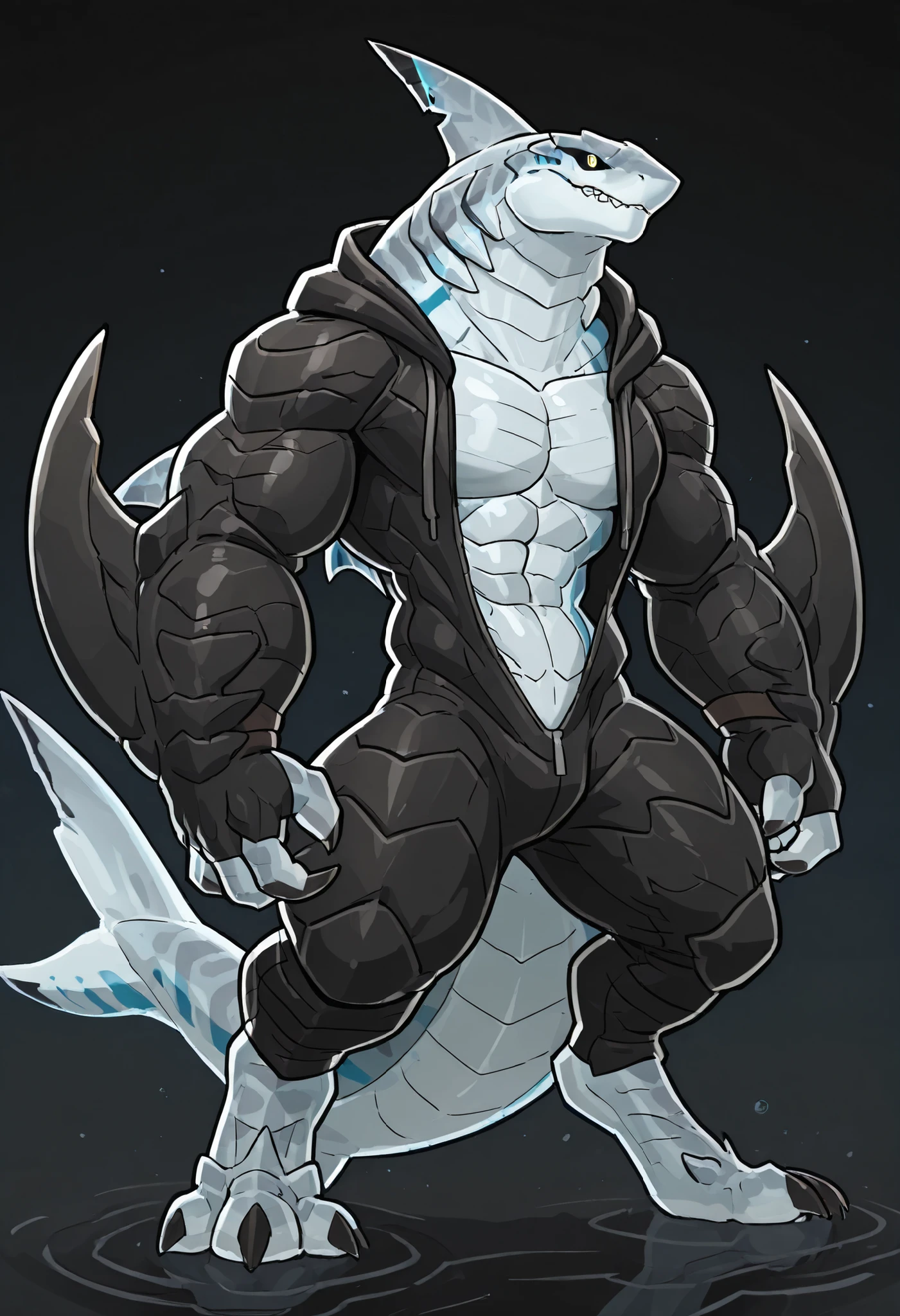 sharkman, anthro kohalasaurus, darker hands and fins, black back, solo, big arms, bara, bulky, detailed skin, lizard shark hybrid, anthro, closed mouth, detailed scalie skin, scalie arms, fins on arms, gray color body, beefy, thick scales on arms, digitigrade legs, proporcional body, mercenary pants, wearing open hoodie revealing torso, wide , trapezoid body type, marked jaw, 4 toes, thick shark tail, shark species, dorsal fin, sharp teeth, muscular build, best quality, ultra-detailed, by laobai, by honovy, by Riolutiny, detailed illustration of 4K horror, standing ready to fight