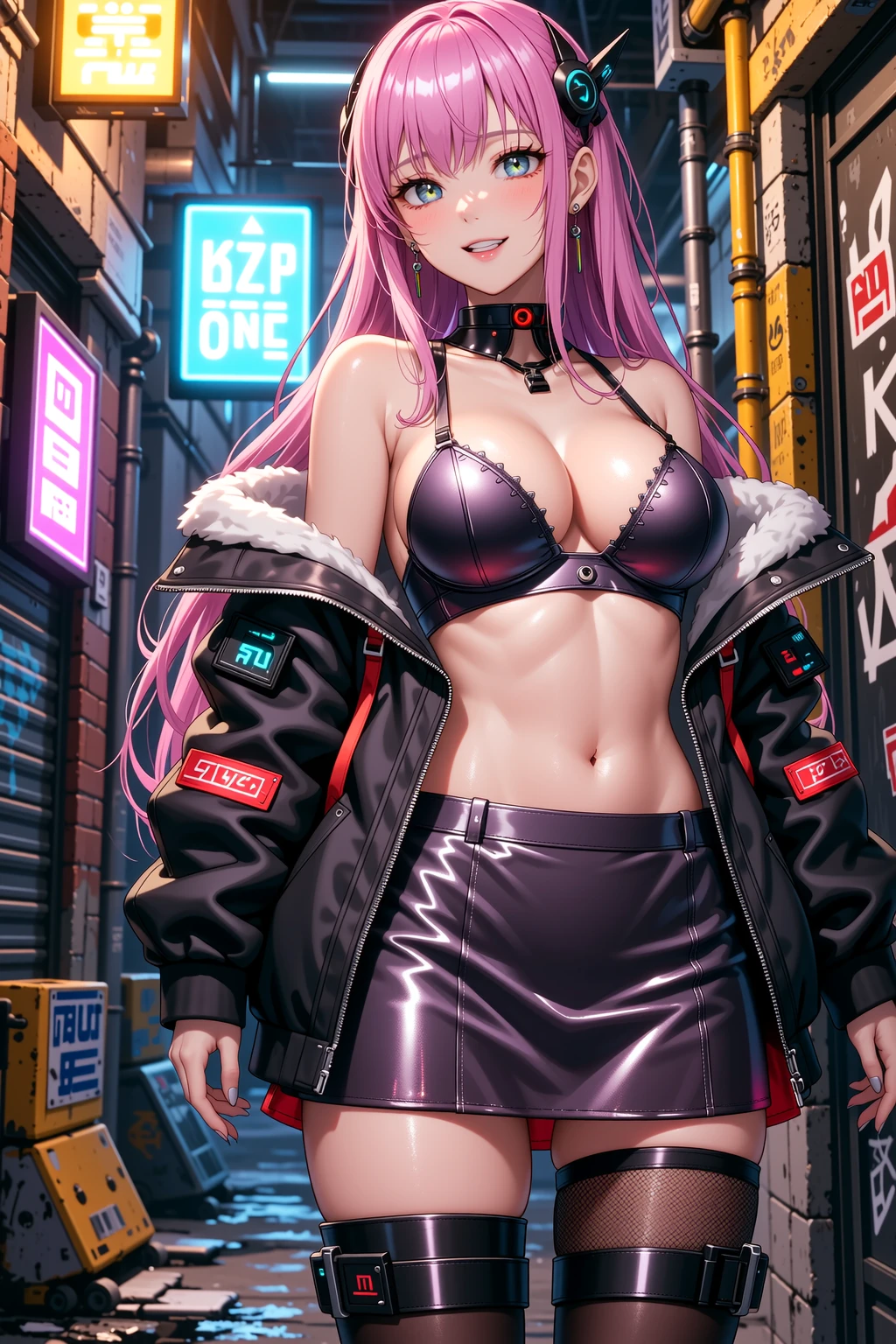 Beautiful girl, smile, cyberpunk, ponytail, bust up, abs, hair ornament, open  clothes, pants, glossy skin, , cleavage, poses that show off cleavage, ,