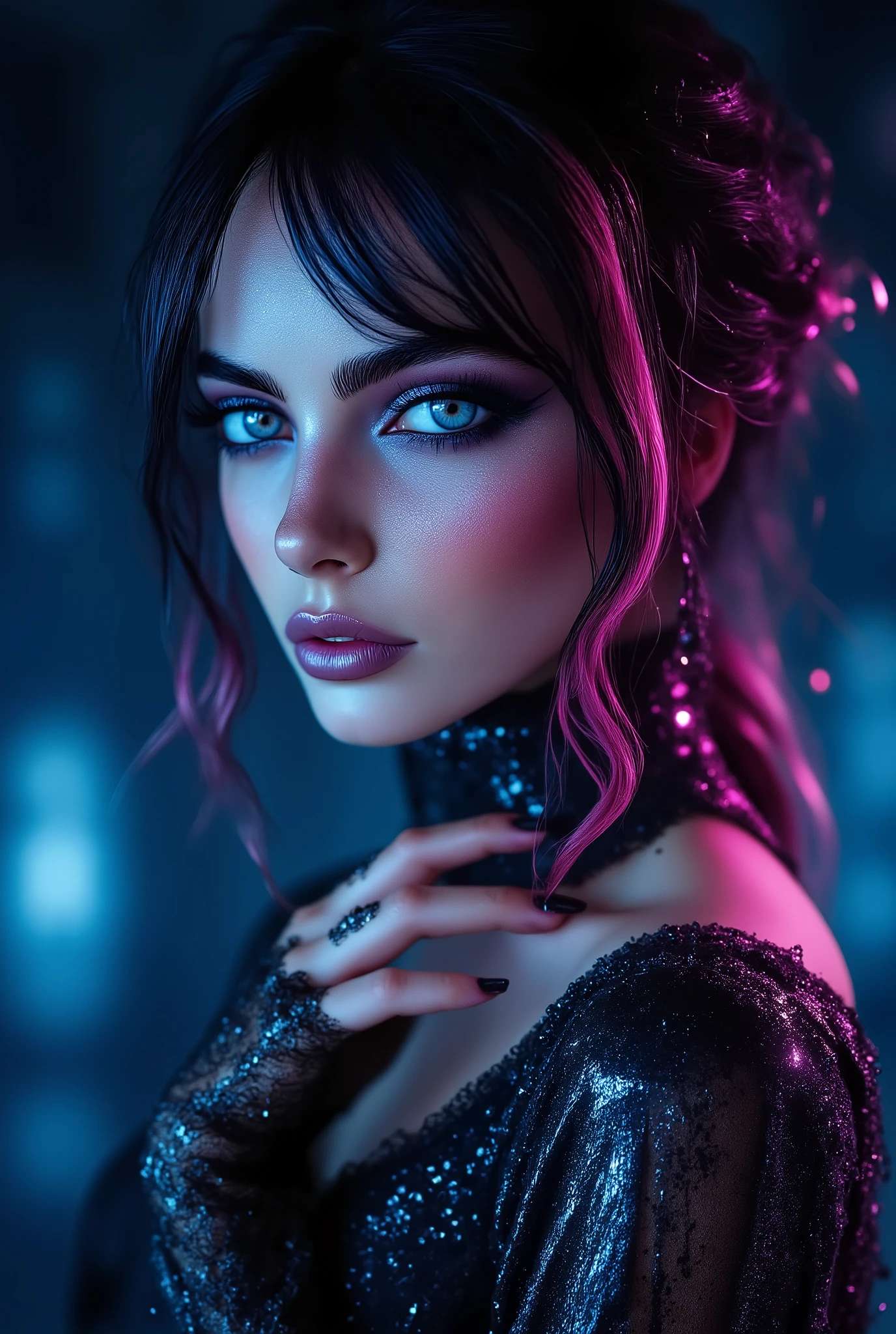 model westernrealism, a gorgeous woman standing in the rain, dark hair with magenta streaks, piercing light gray eyes, A cinematic close-up, striking makeup, theatrical face paint, glitter, dramatic and high-contrast blue lighting, revealing glistening details of water droplets from the rain on her face