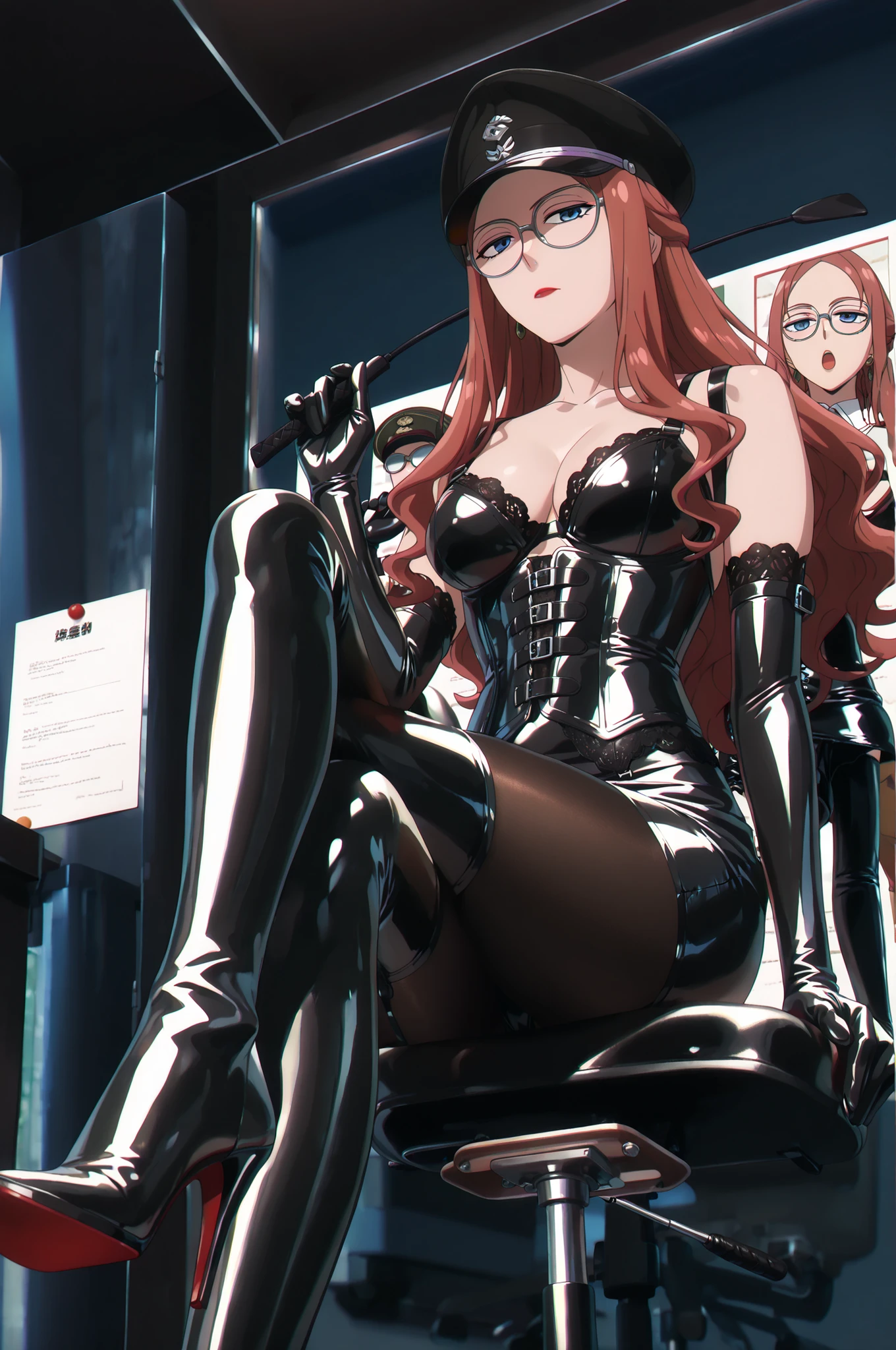 (((sitting cross-legged)))、He holds a riding crop in his right hand:1.4、holding riding crop:1.4、Queen、((( 1 woman)))、(((solo:1.8)))、(((Black Latex Elbow Gloves:1.4)))、(((black latex corset dress:1.4)))、(((corset dress is adorned with beautiful lace)))、(((Corset Dress with Shoulder Straps)))、(((Black Latex Tight Miniskirt:1.4)))、(((black thigh-high boots:1.4)))、(((Black rubber tights:1.2)))、(((stiletto heel boots:1.4)))、(((stiletto boots:1.4)))、(((Black latex high-leg panties)))、(((black latex bra)))、(((bold pose:1.4 )))、Wide legs:1.2、((( from below)))、(((cowboy shot)))、close-up、beautiful eyes with highlights、Fine Beautiful Skin、} 2 perfect legs based on anatomy、wearing cute mythological costumes、(perfect 4 fingers and 1 thumb)、最高masterpiece、masterpieces、absurdres、high image quality、Hi-Res 8k、detailed face、detailed eyes、Detailed Hairstyles、masterpiece, High Res Photos, ultra detailed, 1 woman,  Sylvia Sherwood , Wavy Orange Hair, Blue Eyes, The Wheat Angelic Smile, slanted glasses, Red Lipstick, (((black leather military cap:1.4))), Light black pantyhose, Sensually Sitting in an Office Chair, legs crossed, Closed office scene,  Detailed anime style, soft shading on the wall、No expression、Indifference、Contempt、contempt