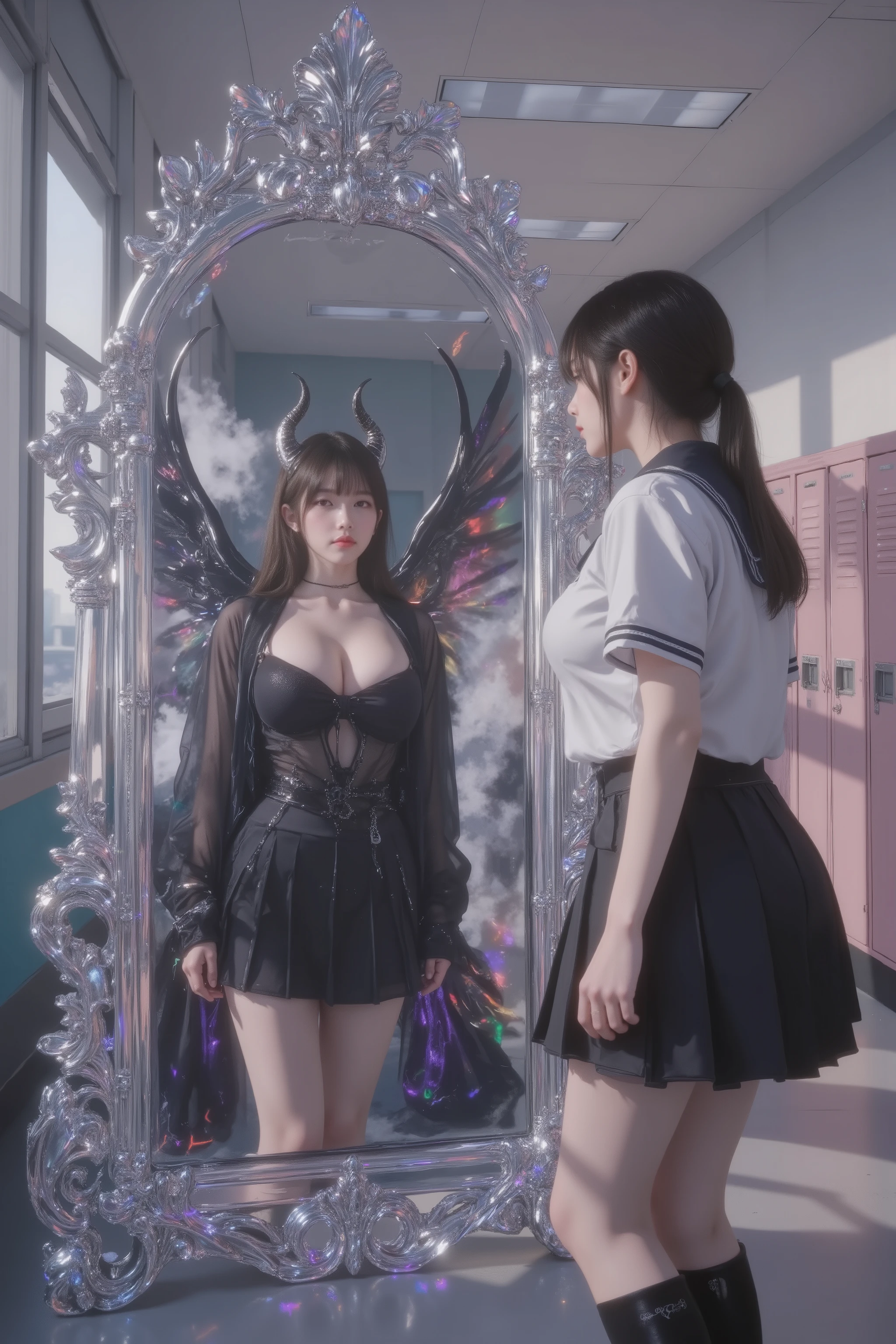 she is ultra enormous gigantic breasts. A cinematic, distant shot of a surreal scene within a modern school hallway, bathed in soft, diffused daylight filtering through large windows, casting a serene yet introspective glow across clean white walls and muted pastel lockers, evoking a contemplative and artistic atmosphere. In the foreground on the right, the back of a demure high school girl with flawless, radiant skin, her youthful presence tinged with vulnerability, dressed in a classic Japanese school uniform with a pleated skirt and sailor collar, her posture subtly tense as she encounters an ornate, crystal-framed mirror. Her expression, though unseen, suggests a flush of embarrassment as she gazes into it. In the background on the left, the mirror reflects a provocative succubus embodiment of her inner self, with identical flawless skin and a voluptuous, graceful figure, adorned in sheer, flowing black robes that hint at forbidden desires, her form accentuated by delicate, curved horns and sleek, shadowy wings. Her face mirrors the girl’s delicate features, yet transformed with a bold, alluring gaze and a knowing smirk, symbolizing the unvoiced depths of her psyche. The mirror’s surface shimmers with a mystical, prismatic luminescence, refracting soft hues of violet and crimson, blending with ethereal mists that weave a tapestry of inner conflict and self-reflection, contrasting with the hallway’s orderly calm. The high school girl and her succubus reflection are positioned symmetrically across the mirror, embodying an artistic exploration of ultimate feminine beauty, suppressed identity, and the psychological unveiling of the subconscious, rendered in vibrant, harmonious colors and intricate, evocative details in the textures of skin, robes, wings, and the mirror’s crystalline frame.