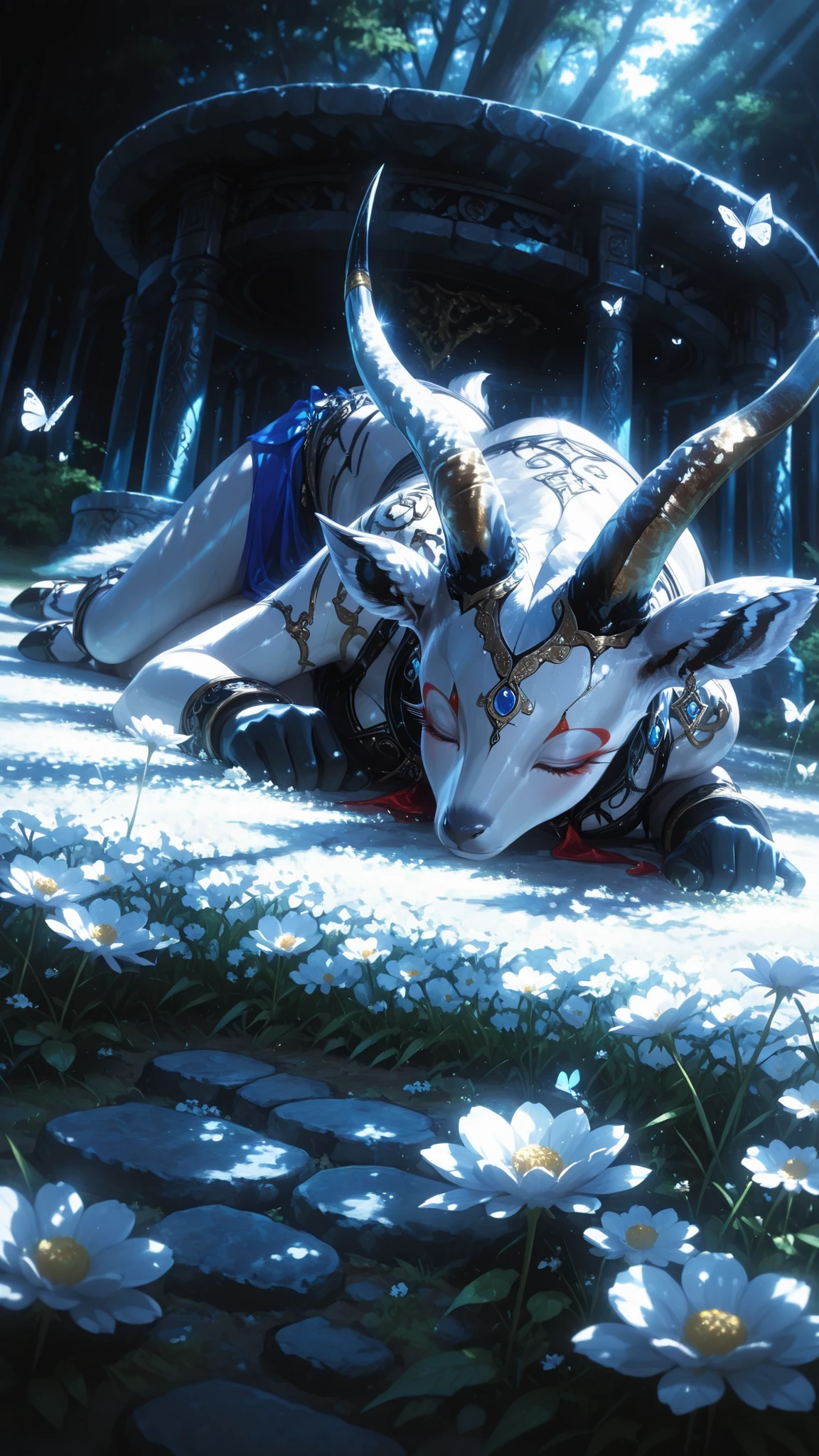 Guardian of Paradise Zlatorog, Lying in a garden where white edelweiss bloom in splendid profusion , A girl lay as if buried in a field of blooming white edelweiss ,
1girl , solo , ((( albino antelope furry ))) , Golden Horn , cute , closed eyes , parted lips , on side , sleeping , upside down , face focus ,
full body , 748cmstyle , tsurime , well-defined features , a beautiful face , fine hair , fine skin ,
butterfly , fantastic atmosphere , mysterious , calm ,
Wide shot , cinematic angle , God_rays , low angle ,
break ,
( ambient occlusion:0.9 ) , masterpiece , best quality , ultra-detailed , high resolution , good , extremely detailed CG , unity 8k wallpaper , super detailed skin , perfect , detailed beautiful face , detailed beautiful eyes , highres , chiaroscuro , highly detailed background , elaborately designed clothes , dramatic lighting , dramatic angle , light particles , RAW ,