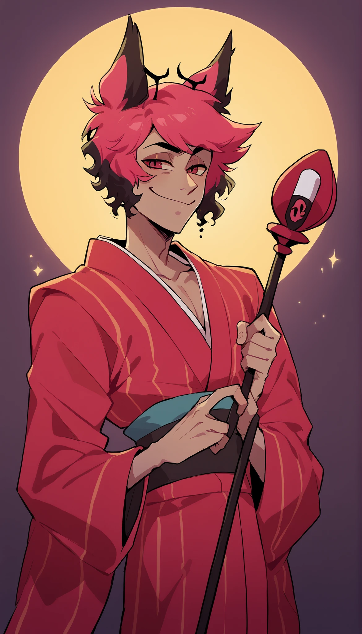 better quality, very detailed illustration , 1 boy, delgado, male body, thin waist , simple drawing, Artifyber style , pastel flat colors , Alastor, animal ears, curly hair, solo, smirking, wearing silky kimono, holding staff, dark lighting, menacing