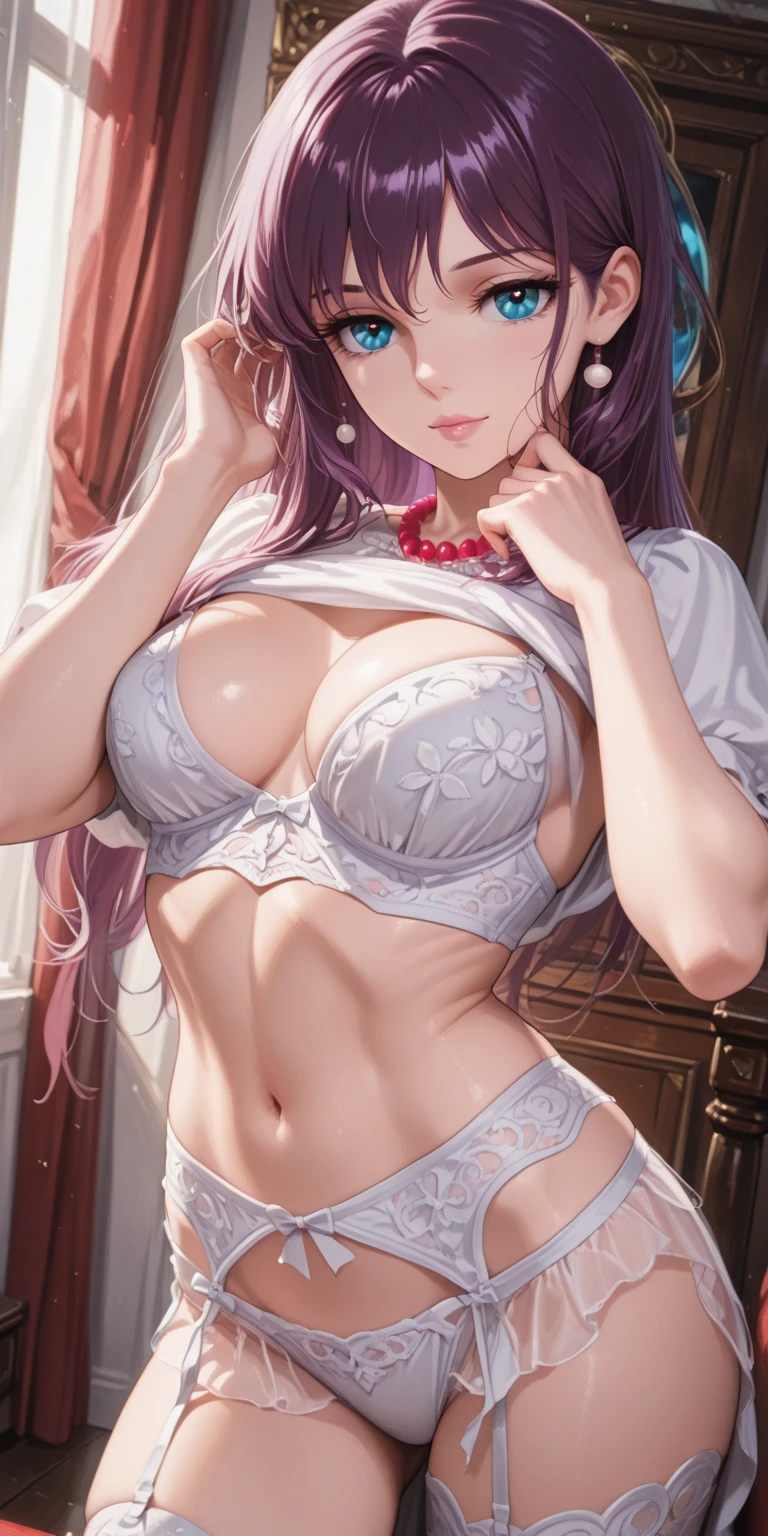 The color palette exudes a soft and harmonious ambiance, with pastel hues and gentle gradients. The lighting emphasizes the girl's beauty, casting a soft glow that accentuates her features and creates an ethereal atmosphere.?????????, white ?????????, lace lingerie and the minute textures of the flowers. The color palette exudes a soft and harmonious ambiance, with pastel hues and gentle gradients. The lighting emphasizes the girl's beauty, casting a soft glow that accentuates her features and creates an ethereal atmosphere.?????????, white ?????????, lace lingerie