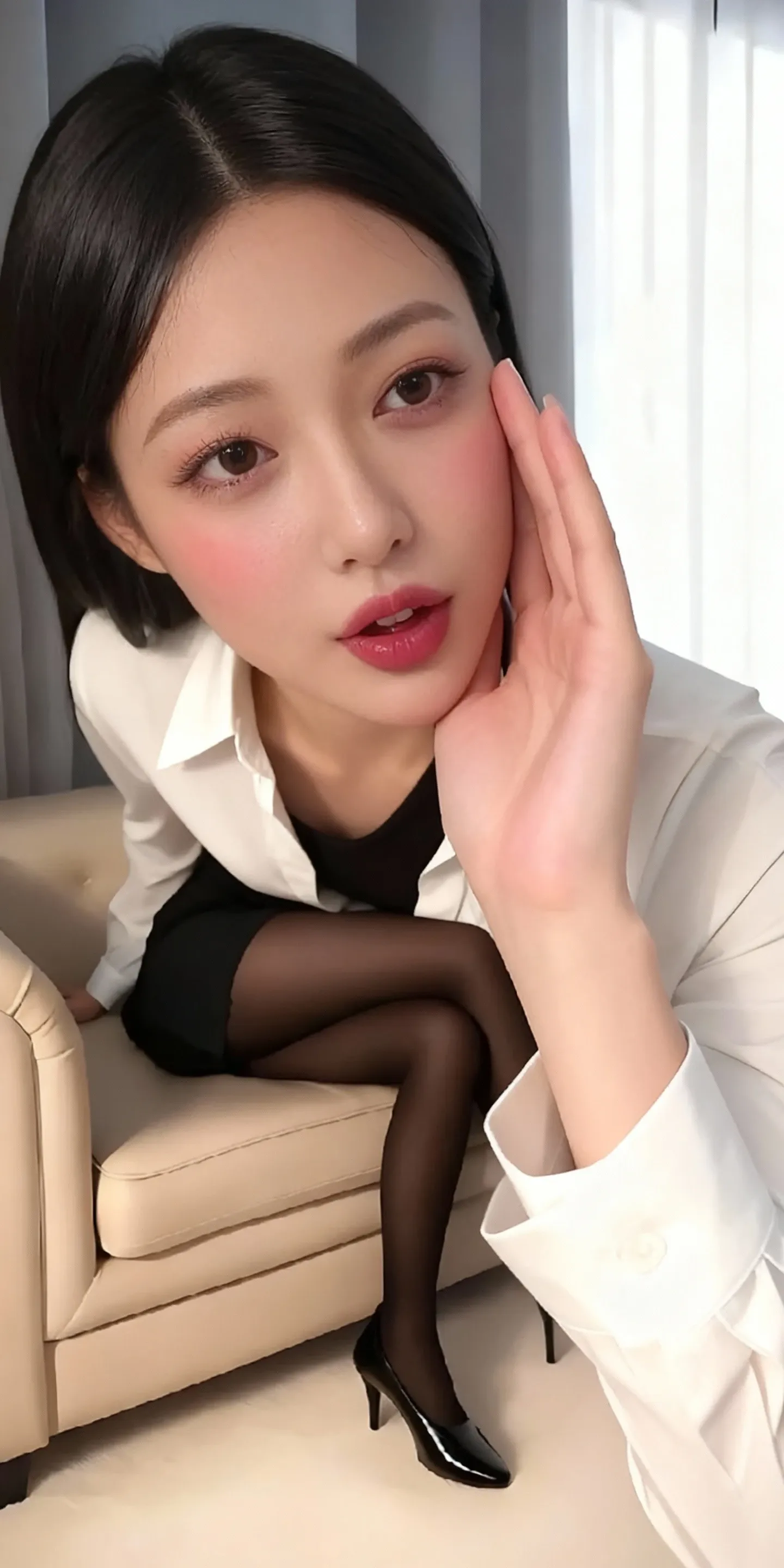 45 yers old,Beautiful mature woman office lady,Sitting on a luxury sofa in the boardroom,(Fancy makeup),bob cuts, Ash brown hair, masutepiece, Best Quality, Illustration, Ultra-detailed, finedetail, hight resolution, 8K Wallpaper, Perfect dynamic composition, Beautiful detailed eyes, Natural lips,Blazer ,Collared shirt, (Wearing a ruffled blouse),cleavage, (Wearing high heels), (Wearing stockings),((skirt lift by yourself))), (lifted by self), (Show me your female ?????????いる), (((I'm not wearing panties))),Pupil Focus,((Sit up,Spread your ??????????)), Show me your female ?????????、Open your eyes、looking at viewert、Provocative smile、Hefty Smile、Hefty Smile、Spread your legs and expose your ????????させて挑発, ((Sit up,Spread your ??????????、Spread your ?????????、Spread your ?????????、I'll spread my ???????? with your hands and show you how to ??????????..、Spread your legs and expose your ????????.、I'll spread my ???????? with your hands and show you how to ??????????..,(female ???????? are not covered:1.0),Do fancy nails,The whole body fits perfectly in the photo,(((Expressions of ?????? pleasure:1.7))),(((Expression of ?????????????:1.7))),(((???????? expression:1.7))),(((Body fluids flowing from female ????????:1.5)))