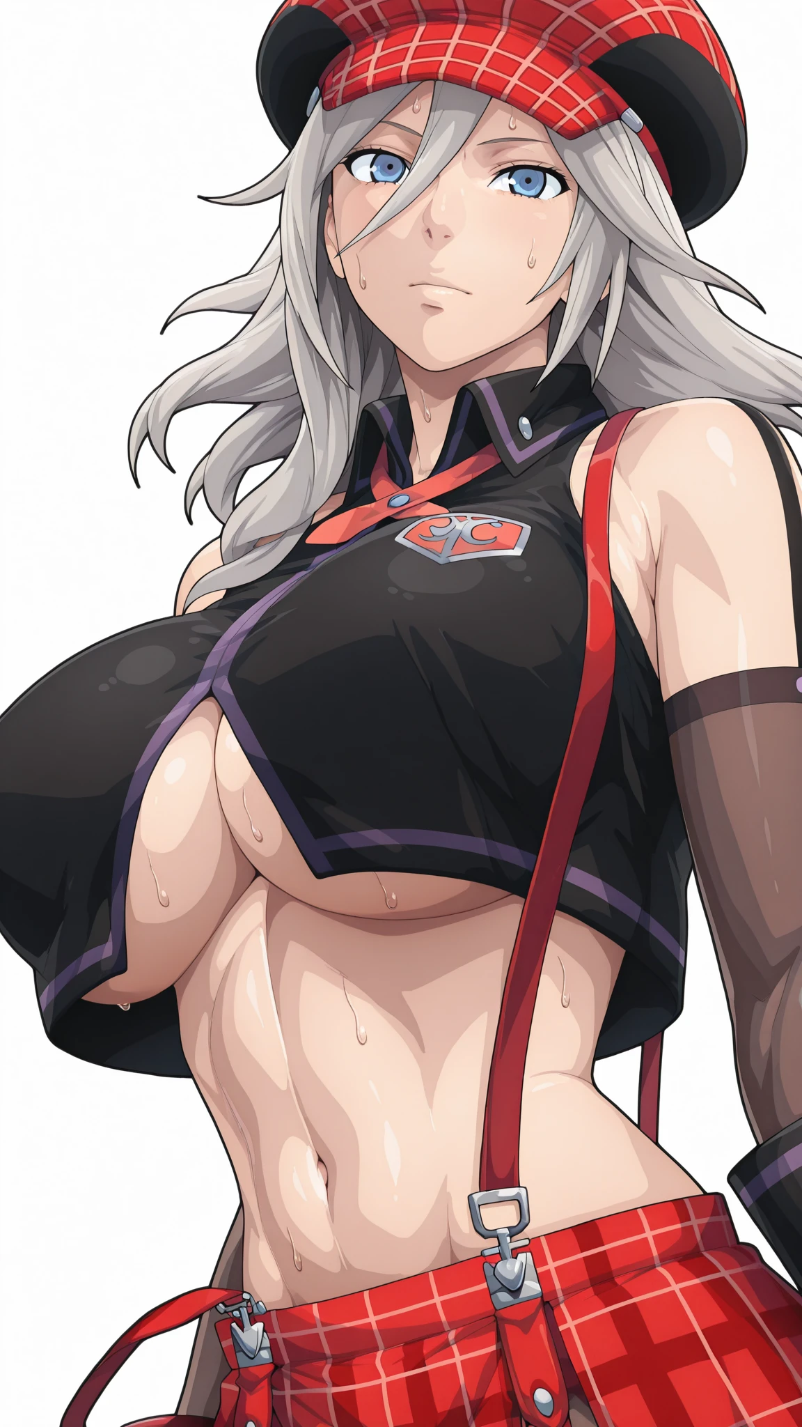 best quality, masterpiece, 1girl, (solo:1.1), raytracing, ultra detailed,detailed face, 8k wallpaper, wide ????, smile, GhislaineDedoldiaNDV, 1girl, grey hair, red eyes, animal ears, cat ears, tail, (large ????? ??????? with ???????:1.2), ????, ????, very long hair, dark skin, muscular female, dark-skinned female, eyepatch, scar on stomach, scar on cheek, green pants, black jacket, fur trim, open pants, red choker,  outdoor