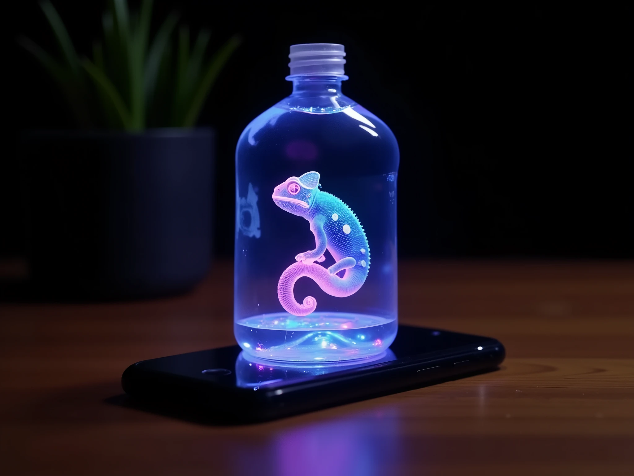 a transparent plastic bottle placed on top of a black smartphone, resting on a wooden surface. Inside the bottle, there is a colorful hologram of a bright chameleon in shades of blue, pink, and purple, appearing to float in the center. The hologram’s reflection can be faintly seen on the base of the bottle and the phone’s screen. In the background, there is a pot with a green plant in a dark setting, which highlights the hologram’s vibrant glow