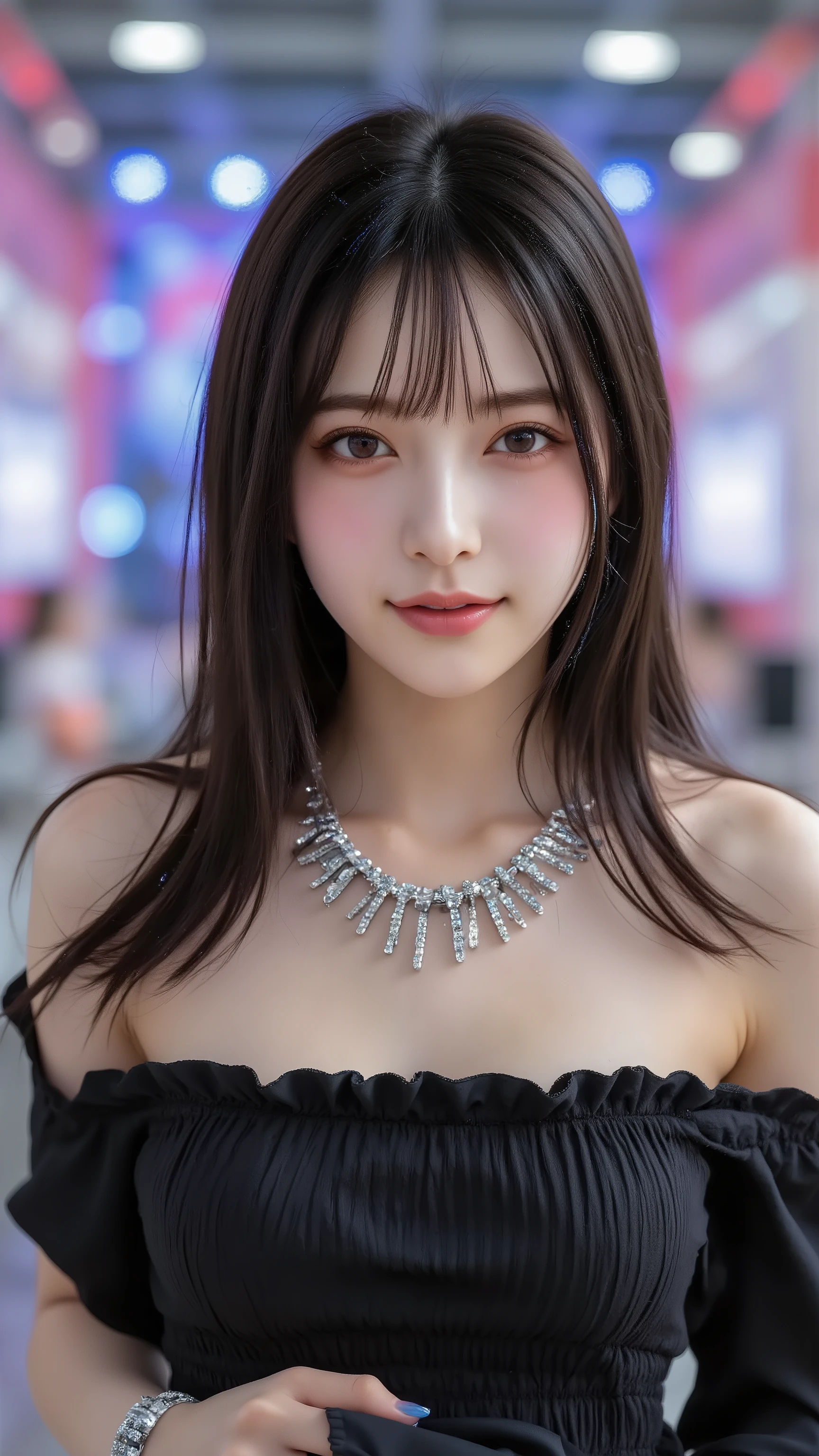 Korean woman wearing a black off-shoulder top and statement necklace, Photographed at a K-pop concert venue with colorful stage lights. I shot using Sony's 24-70mm GM lens。f/2.8, High ISO、I used a high shutter speed、to capture vibrant energy.