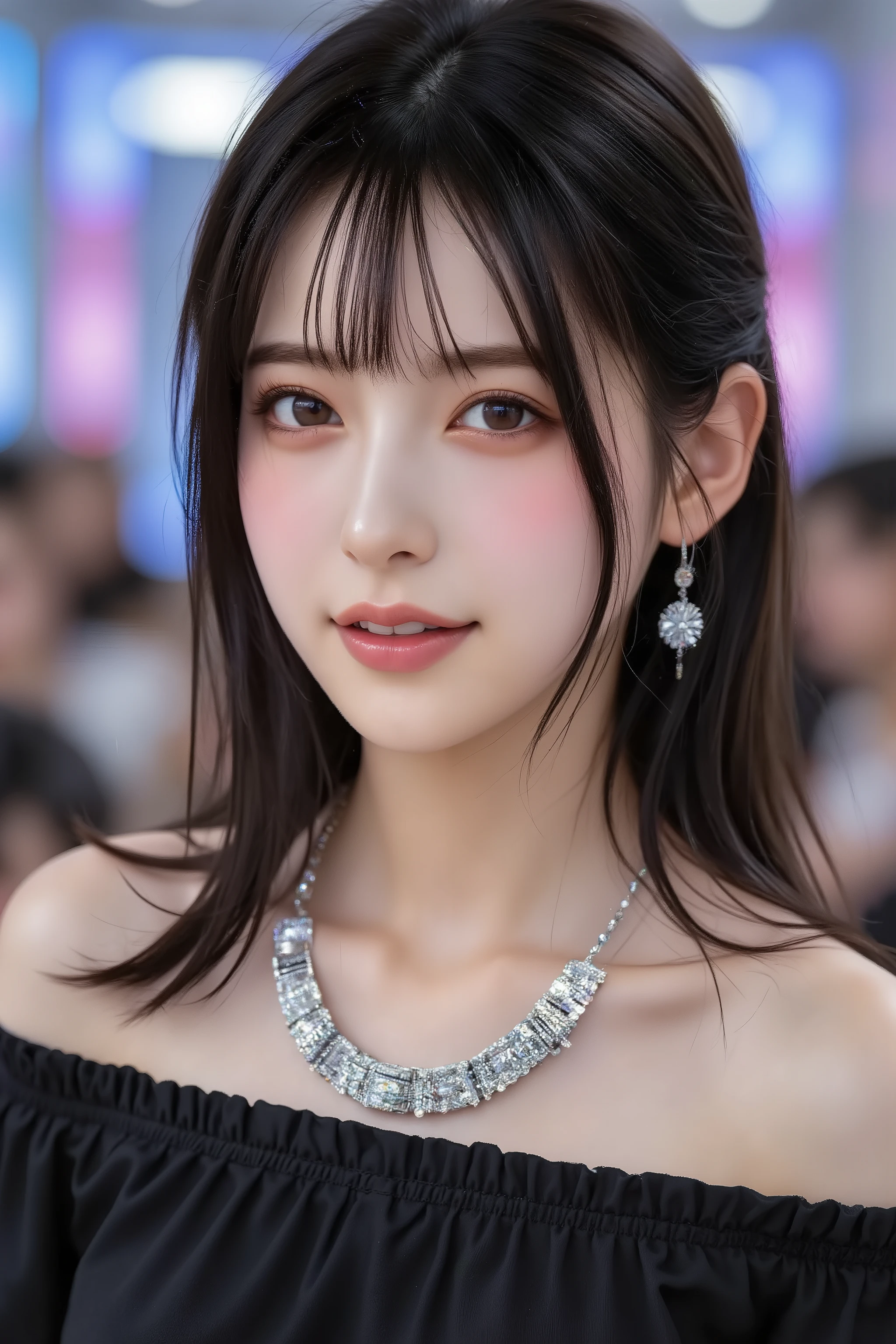 Korean woman wearing a black off-shoulder top and statement necklace, Photographed at a K-pop concert venue with colorful stage lights. I shot using Sony's 24-70mm GM lens。f/2.8, High ISO、I used a high shutter speed、to capture vibrant energy.

