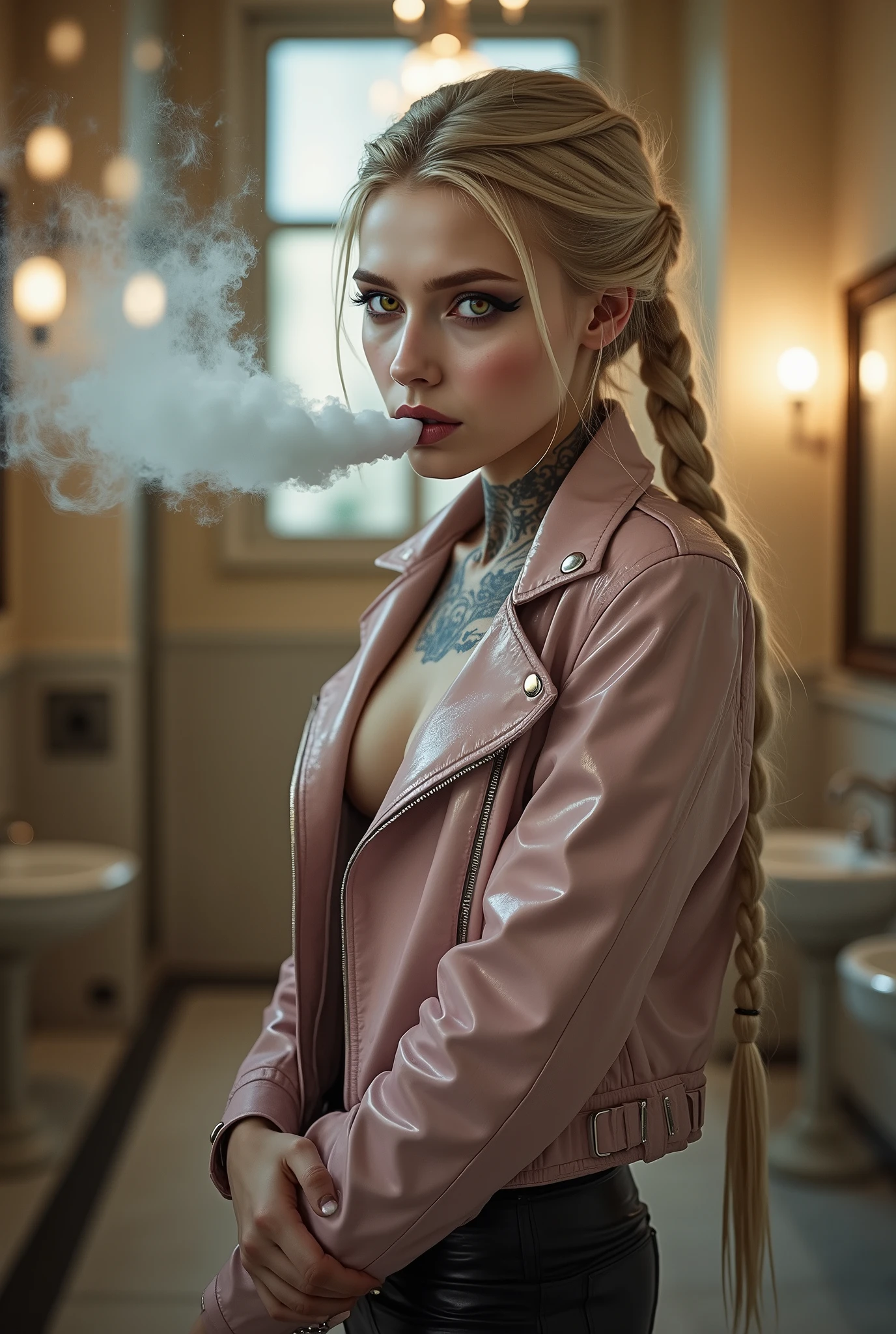 (photorealistic, shart focus) slender goth school girl, 18 y/o, standing in a clean luxurious restroom, very pale skin, bleached blonde hair, covered in intricate dark tattoos, looking contentedly at viewer, yellow eyes, parted lips, heavy black eyeliner, black eyeshadow, black leather skirt, under a skintight pastel pink long sleeve patent leather biker jacket, long braided ponytail, warm lighting, she exhales a large cloud of smoke from her mouth
