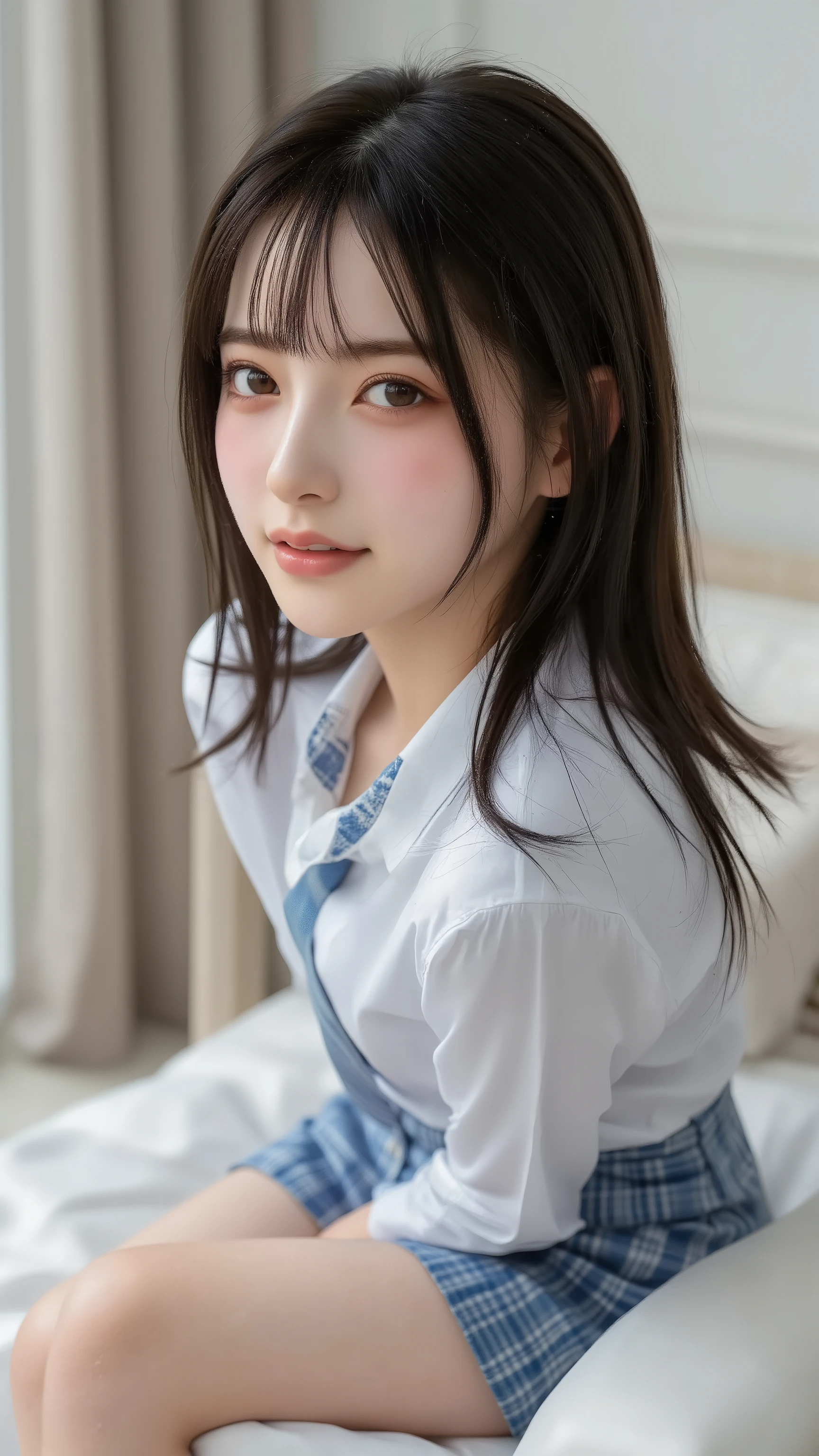 nsfw, Korean idol, Nogizaka idol,Actress, gravure idol, (8k, Original photo, Highest Quality, masterpiece:1.2), masterpiece, Highest Quality, shape, very detailed, fine detail, high resolution, 8k, Wallpaper, perfect dynamic configuration,(High Quality with Attention to Details , realistic eye depiction:1.3), (( sit down, high school students)), background is a luxury hotel room 、 Girls' High School Uniform、 blazer after face 、 super short checked uniform skirt 、 Navy Blue Knee High Socks、 garter belt, long hair, dark haired, big boobs, dark eyes, Big Natural Colored Lips, bold and sexy pose, (Perfect shape), crying a little、Gentle Gaze, beautiful makeup,The cutest 18 year old, Beautiful legs, gravure idol風ポーズ, thighs, Full Body