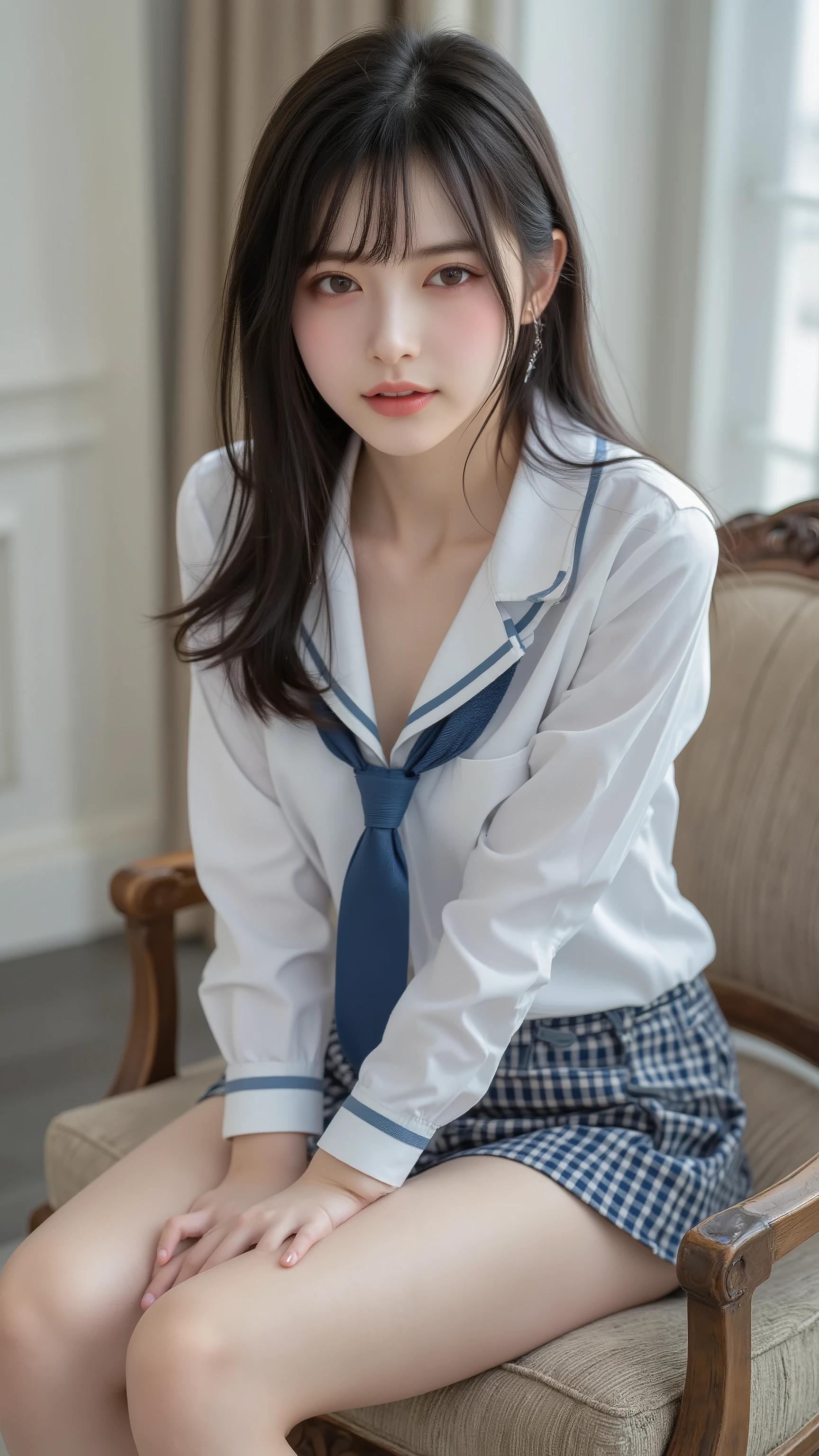 nsfw, Korean idol, Nogizaka idol,Actress, gravure idol, (8k, Original photo, Highest Quality, masterpiece:1.2), masterpiece, Highest Quality, shape, very detailed, fine detail, high resolution, 8k, Wallpaper, perfect dynamic configuration,(High Quality with Attention to Details , realistic eye depiction:1.3), (( sit down, high school students)), background is a luxury hotel room 、 Girls' High School Uniform、 blazer after face 、 super short checked uniform skirt 、 Navy Blue Knee High Socks、 garter belt, long hair, dark haired, big boobs, dark eyes, Big Natural Colored Lips, bold and sexy pose, (Perfect shape), crying a little、Gentle Gaze, beautiful makeup,The cutest 18 year old, Beautiful legs, gravure idol風ポーズ, thighs, Full Body