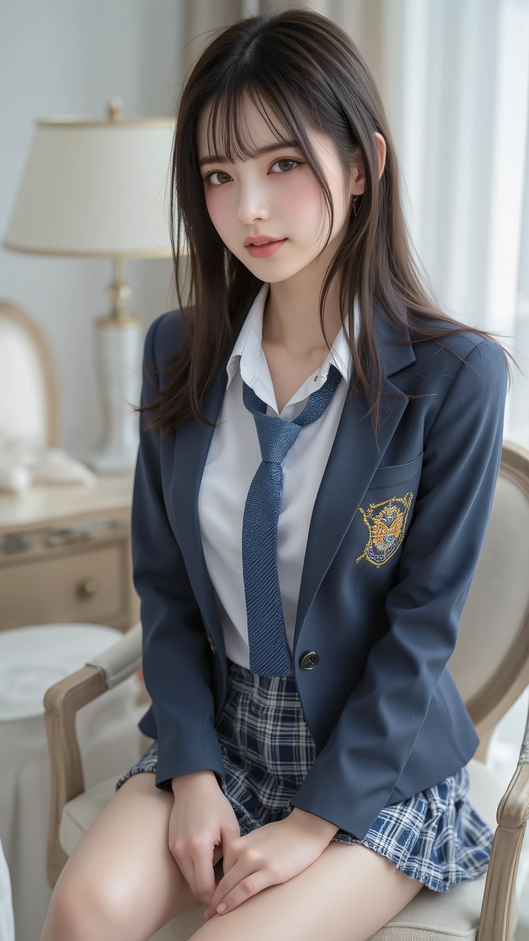 nsfw, Korean idol, Nogizaka idol,Actress, gravure idol, (8k, Original photo, Highest Quality, masterpiece:1.2), masterpiece, Highest Quality, shape, very detailed, fine detail, high resolution, 8k, Wallpaper, perfect dynamic configuration,(High Quality with Attention to Details , realistic eye depiction:1.3), (( sit down, high school students)), background is a luxury hotel room 、 Girls' High School Uniform、 blazer after face 、 super short checked uniform skirt 、 Navy Blue Knee High Socks、 garter belt, long hair, dark haired, big boobs, dark eyes, Big Natural Colored Lips, bold and sexy pose, (Perfect shape), crying a little、Gentle Gaze, beautiful makeup,The cutest 18 year old, Beautiful legs, gravure idol風ポーズ, thighs, Full Body