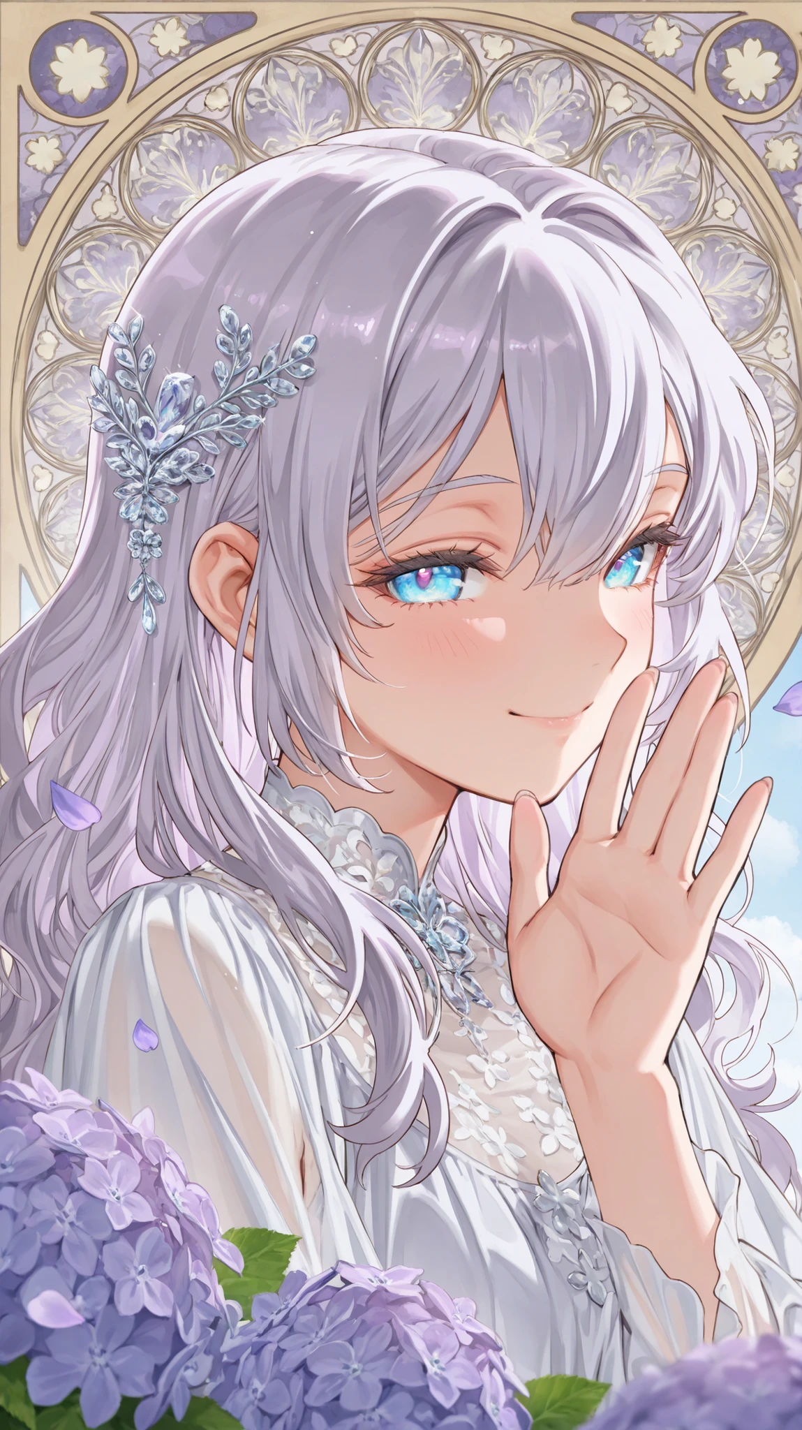 general, masterpiece, (best quality:1.5), ultra-detailed, ((very delicate and beautiful)), (beautiful and detailed soft almond eyes), art nouveau style, botanical fantasy composition,
{eye level view | cinematic side view | floating top-down angle},
{medium composition | close-up portrait | waist-up shot},
1girl, solo, 28 year old graceful woman, gentle smile, emotional expression reflecting inner calm,
medium wavy hair, hair color: lavender purple base with harmonized silver gray and accent pale lilac, softly waving in motion,
wearing a light lavender chiffon blouse with translucent layers, adorned with tiny raindrop-like crystal accessories,
anime-style fantasy visual art, pastel and jewel tones, pop art, delicate lineart, soft shading, stylized rendering,
foreground densely filled with finely detailed hydrangea petals, violets, and clover leaves, softly glowing with raindrop reflections,
main subject depicted with natural visual flow guided by nature, emphasizing emotional resonance and symbolic beauty,
background composed of highly detailed, densely layered stylized floral halos and golden threads of morning light, The background is an botanical art inspired by Alphonse Mucha, meticulously drawn to enhance depth and dreamlike atmosphere,
floating natural motifs drifting through the scene — petals, droplets, glowing