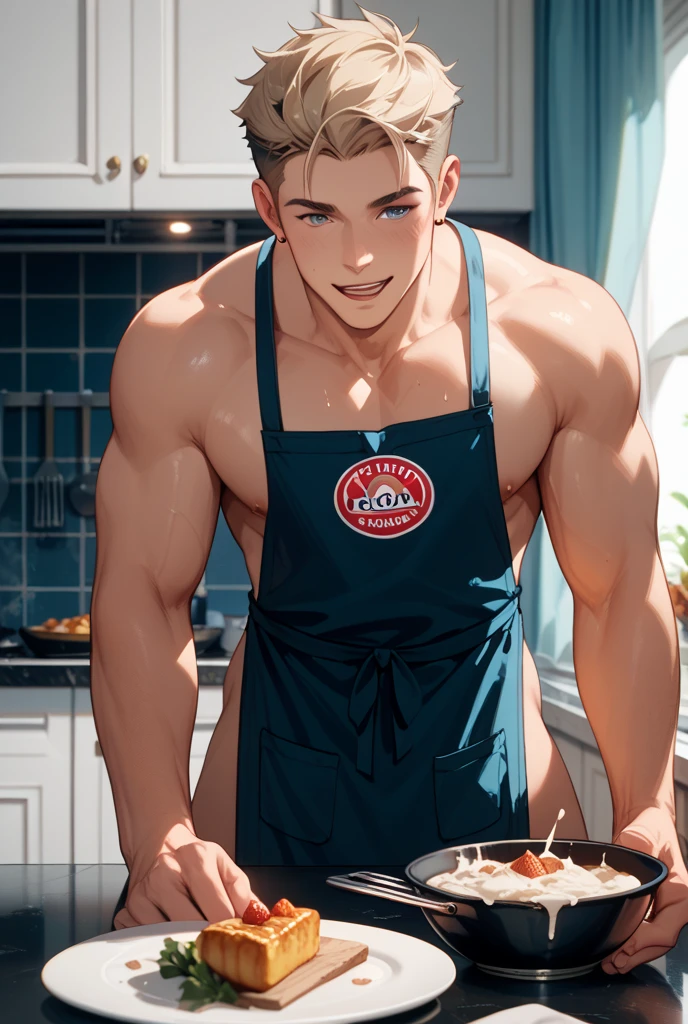 (: 1.5), (handsome Man sitting on table eating bread ),(crew cut short hair:1.8),black eye,(Wear a fitted round neck t-shirt in navy with a police badge.:1.5),(fit neck),Navy blue jeans,(black_gloves:1.2), Korean guy,chest muscles,large arm muscles,blood vessel,Big muscles,Broad shoulders, (open mouth:1.2),(face up:1.2),(open eyes:1.5), middle of the road,smile, In the bread shop, ( :1.5), ( very long: 1.6),  very Big, (Big ), ( of the : 1.6), ((very big, very long )), , hold your hand on your , () , bread in hand