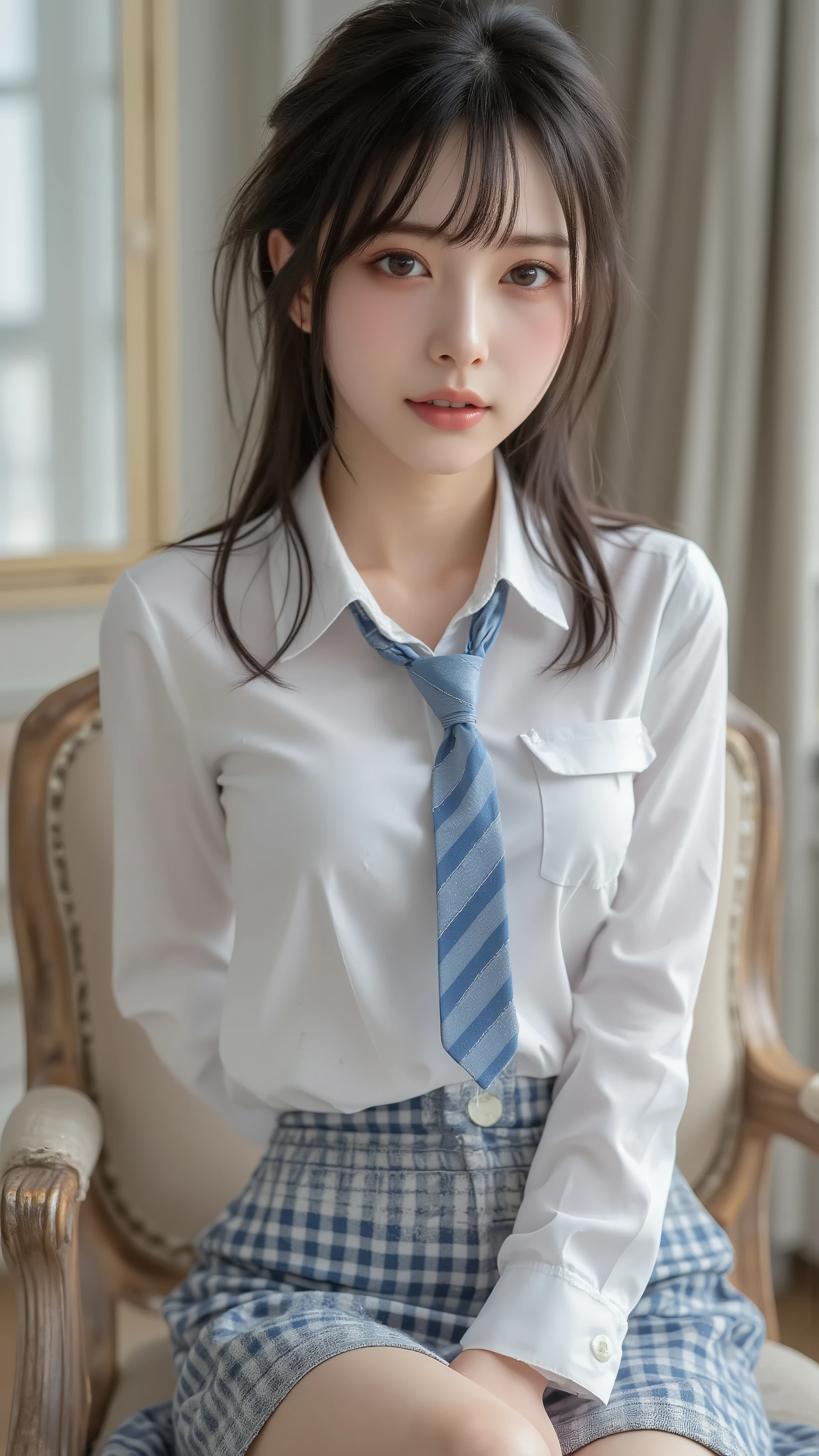 nsfw,  Korean idol, Nogizaka idol,Actress, gravure idol,  (8k,  Original photo,  Highest Quality,  masterpiece:1.2),  masterpiece,  Highest Quality, shape,  very detailed, fine detail,  high resolution, 8k, Wallpaper,  perfect dynamic configuration,(High Quality with Attention to Details ,   realistic eye depiction:1.3), (( sit down, high school students)),   background is a luxury hotel room 、 Girls' High School Uniform、 blazer after face 、 super short checked uniform skirt 、  Navy Blue Knee High Socks、 garter belt,  long hair,  dark haired, big boobs,  dark eyes, Big Natural Colored Lips,  bold and sexy pose, (Perfect shape),  crying a little、Gentle Gaze,  beautiful makeup,The cutest 18 year old,  Beautiful legs,  gravure idol風ポーズ,  thighs, Full Body 