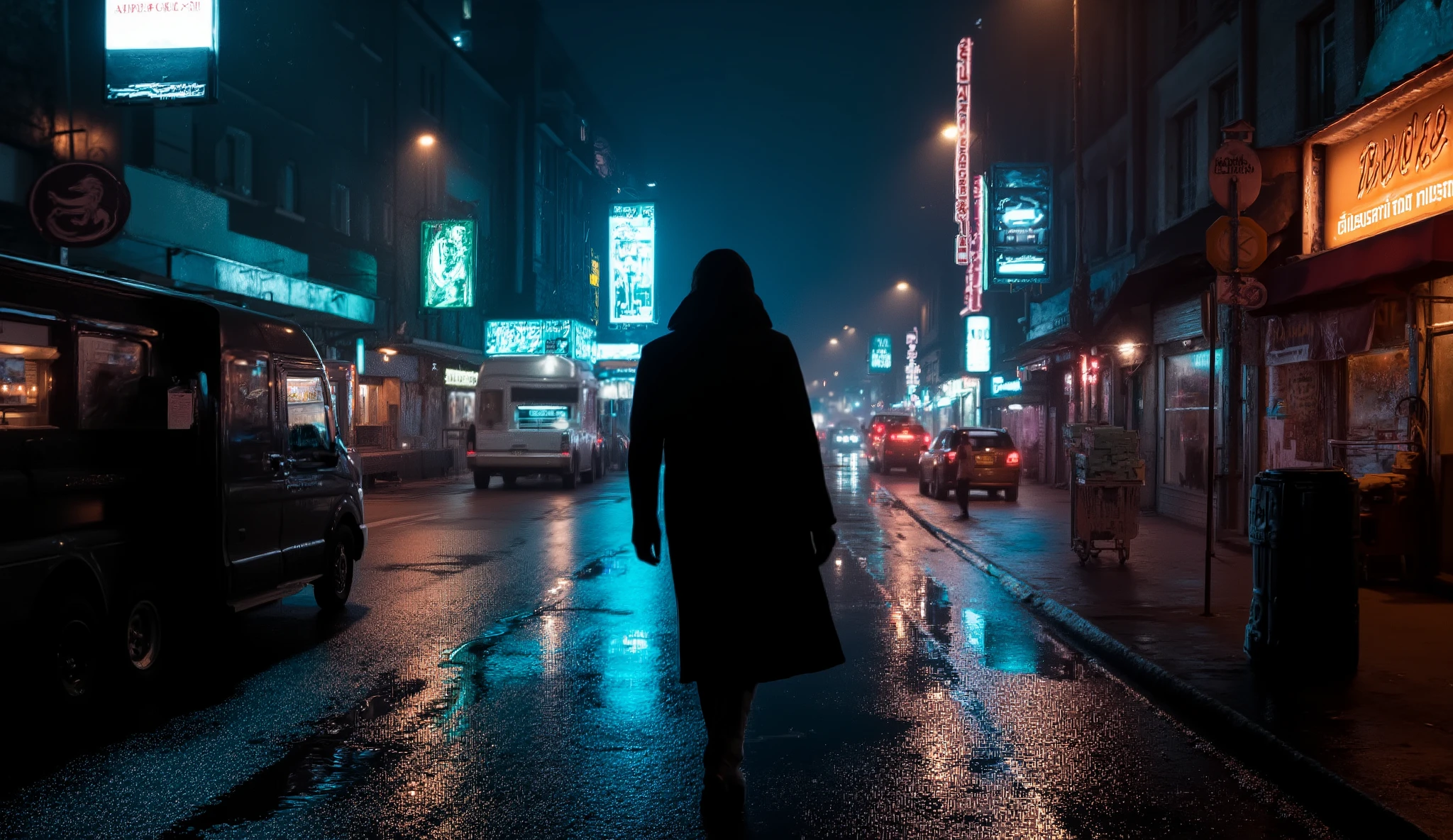“Cinematic 1989 Berlin at night, neon reflections on wet streets, Cold War atmosphere, mysterious woman walking alone in a long coat, 8K realism, moody lighting, dark electronic tone.”
