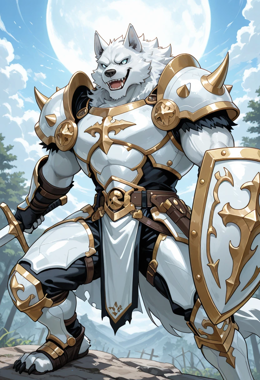 a furry sheep, white fur, shoulder long hair, (((handsome, slim fit, fit build, gym fit, small face, ikemen))), paladin, ((white sheep), ((dark blue paladin armor)), furry art, full body, tall, silky hair,  hold a big sword and a big shield,