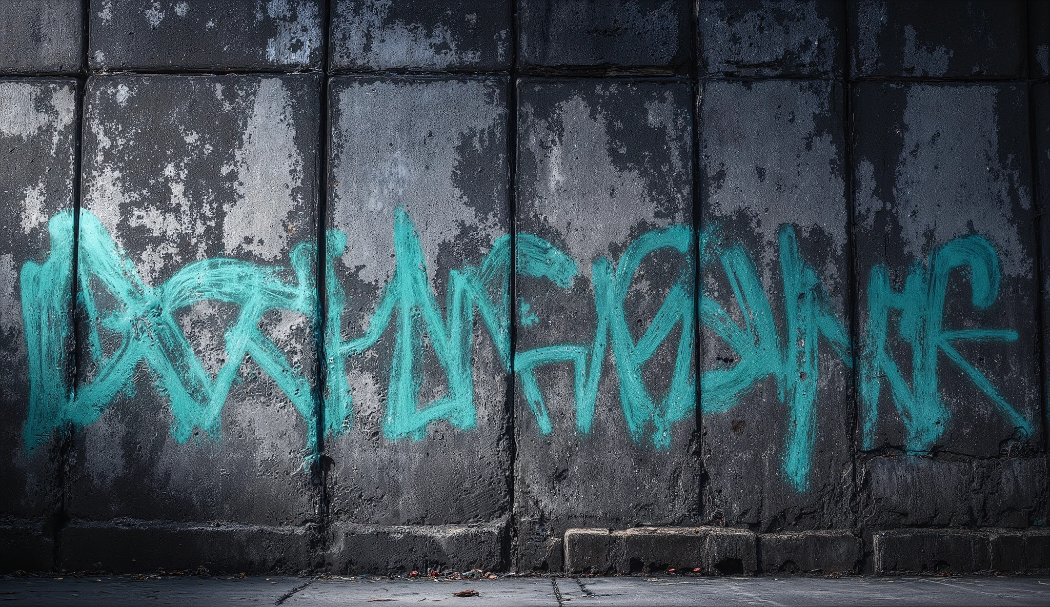 Create an ultra-realistic urban background scene featuring an old, weathered concrete wall with visible cracks, chipped paint, and rough textures. The surface shows signs of age and decay, with patches of darker discoloration, dirt, and erosion. Faint turquoise graffiti covers parts of the wall, painted in broad, uneven strokes that contrast sharply against the gray concrete. The lighting is soft and diffused, evoking an overcast day in a cold city alley. Subtle shadows fall along the rough surface, emphasizing depth and realism. The atmosphere feels gritty, industrial, and cinematic — as if from a modern spy thriller or neo-noir film. The composition should capture the detailed wall texture and urban mood with photorealistic clarity, high contrast, and natural color tones.
