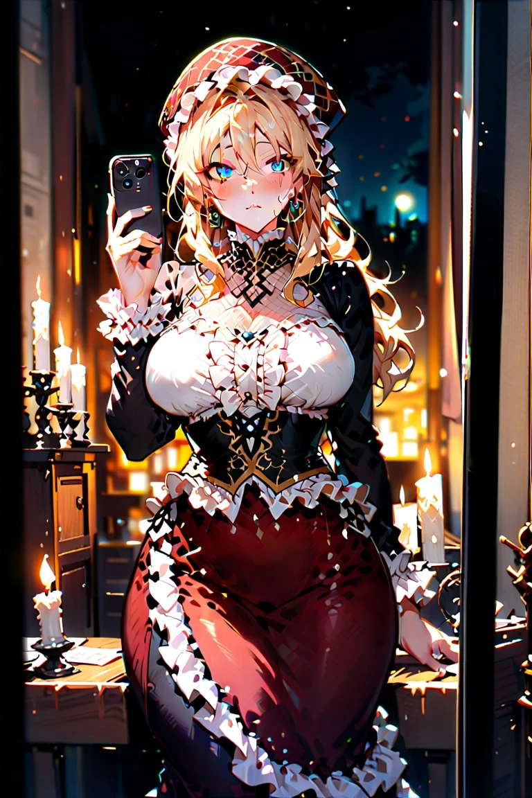 score_9_up,score_8_up,score_7_up,score_6_up,score_5_up,score_4_up,(((1 girl))),(((solo))),(milf),(mature female),blonde hair,blue eyes,(open eyes),(classical dress),long sleeves, long skirt ,(((frills))),((chapeau)),(((curvy))),closed mouth,(((looking at air))),(((confused))),face sweat, (frown ),iphone mirror selfie,holding iphone,at night, d4rkc4stle,indoors, window, stone, candle ,(((character focus))),