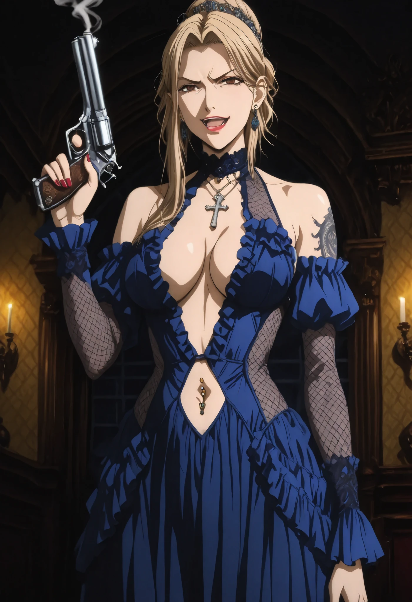 ((masterpiece)),(((best quality))),((ultra-detailed)),((illustration)),((disheveled hair)),((frills)),(1 girl),(solo),
Lihtel \( Samayou Midara na Lunatics\),blonde hair,brown eyes,(anime coloring , anime screencap:1.2),(European Aristocrat Style:1.2),mature,sexy,
dominatrix,Smirk,1girl,bare shoulders,breasts,cleavage,dark,detached sleeves,dress,elbow gloves,fishnets,gloves,hair bun,hair ornament,hakama,hakama skirt,jewelry,lipstick,looking at viewer,makeup,medium breasts,solo,standing,blue dress,long dress, masterpiece, best quality, highly detailed, a girls in long dress with navel cutout posing for a picture, evil
smile, smile, open mouth, () , revealing dress, beautiful dress center opening ,
long dress with bellybutton showing, official artwork, exposed navel, exposed bellybutton, jewelry,
earrings, complex detailed background, casino environment, fancy
interior environment, rich interior, holding a gun, holding pistol, side slit ,
navel cutout, exposed navel, exposed bellybutton, Evil Smile, Malicious Smile, lipstick, nail polish, ear piercing, long hair, , lipstick, Hot girl, baddie, smoking, sensual, attractive ,choker, ,cross necklace,  open mouth, choker ,jewelry, earrings, () , navel piercing, medium large  , looking at viewer , dragon tattoo on waist , narrowed eyes , tattoo on waist , anipai_style , anime screencap , anime coloring , v-shape eyebrows , 