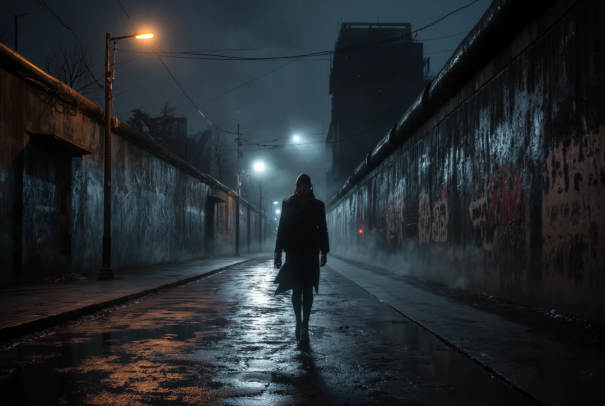 Berlin, 1989 — a city trembling between two worlds, divided by walls yet bound by secrets. The atmosphere is tense, cold, and dramatic. In the middle of this storm, Scarlett Voss walks through the dimly lit streets — her silhouette illuminated by flickering streetlights and neon reflections on wet cobblestones. The Berlin Wall looms in the background, covered in graffiti and shadow. Smoke drifts through the chilly night air as distant sirens echo. The tone is cinematic, moody, and realistic — a Cold War thriller aesthetic with strong contrast, soft fog, and a melancholic color palette of deep blues, grays, and amber lights.