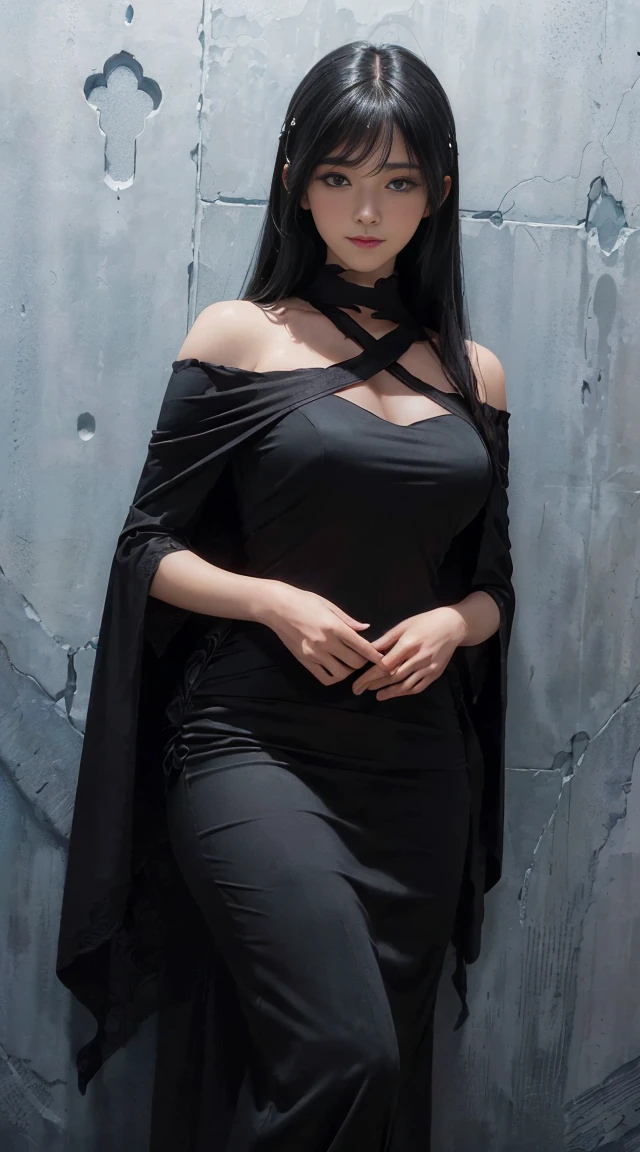 masterpiece, best quality, ultra-detailed, high resolution, extremely detailed, (Full Body Shot:1.3), (sharp focus:1.2), photo, attractive young female model, beautiful, Marijn Isabeau, 22 years old, (blue eyes:1.8), (((black hair:1.5))), caucassian, long hair, (beautiful face:1.1), detailed eyes, luscious lips, (spooky:1.4) (witchcraft particles:1.5) (cat eye makeup:0.85), (smile:1.2), wearing (pearl necklace:1.2), (witch hat:1.2), (witch costume long, off the shoulder, sleeveless dress:1.4) on a ( dark night:1.8). (dead forest:1.4), depth of field, bokeh, 4K, HDR. by (James C. Christensen:1.2|Jeremy Lipking:1.1), (soft light:1.9), (natural light:1.5)