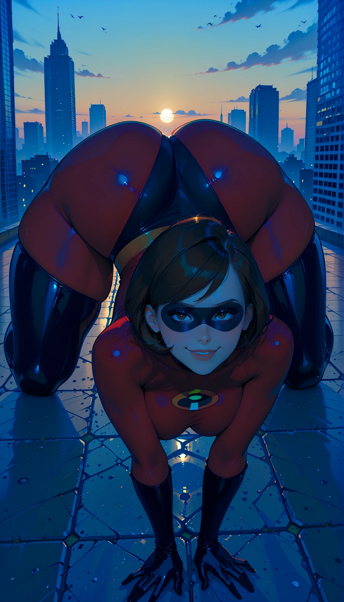 score_9, score_8_up, score_7_up, 1girl, helen parr,solo,brown hair, short hair, domino mask,red bodysuit, black gloves, black thigh boots, looking at viewer, smile,all fours, large breasts, sideboob, wide hips, thick thighs, squatting,open legs, Dynamic pose ,full body, outdoors, Skyscraper, 