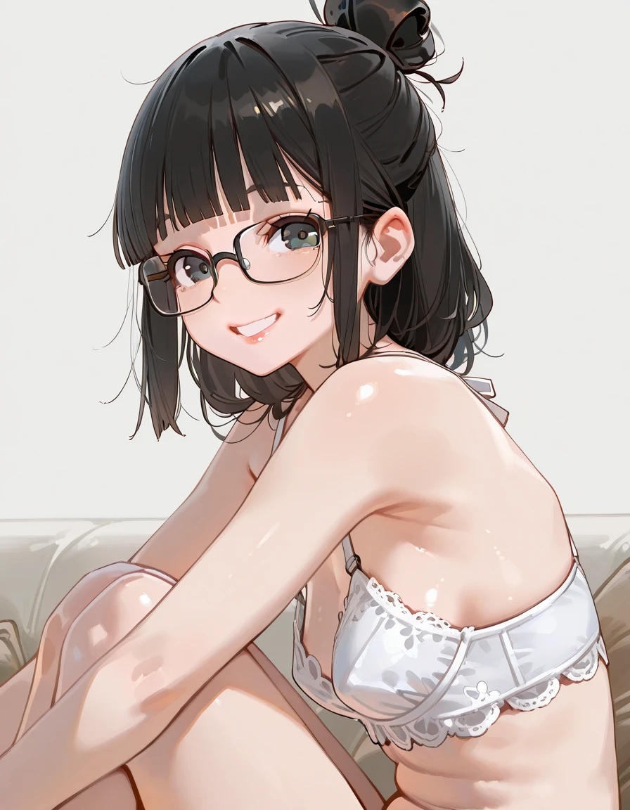 (masterpiece), (highest quality), ((Super detailed))、(super delicate)、Cute  peasant woman、Pastel colors hair、medium breasts、Thighs、Gorgeous、black hair, short hair, (low twintails), glasses, standard height, (anxious face:1,2、blush:1.2, quiet personality:1.2), ()
